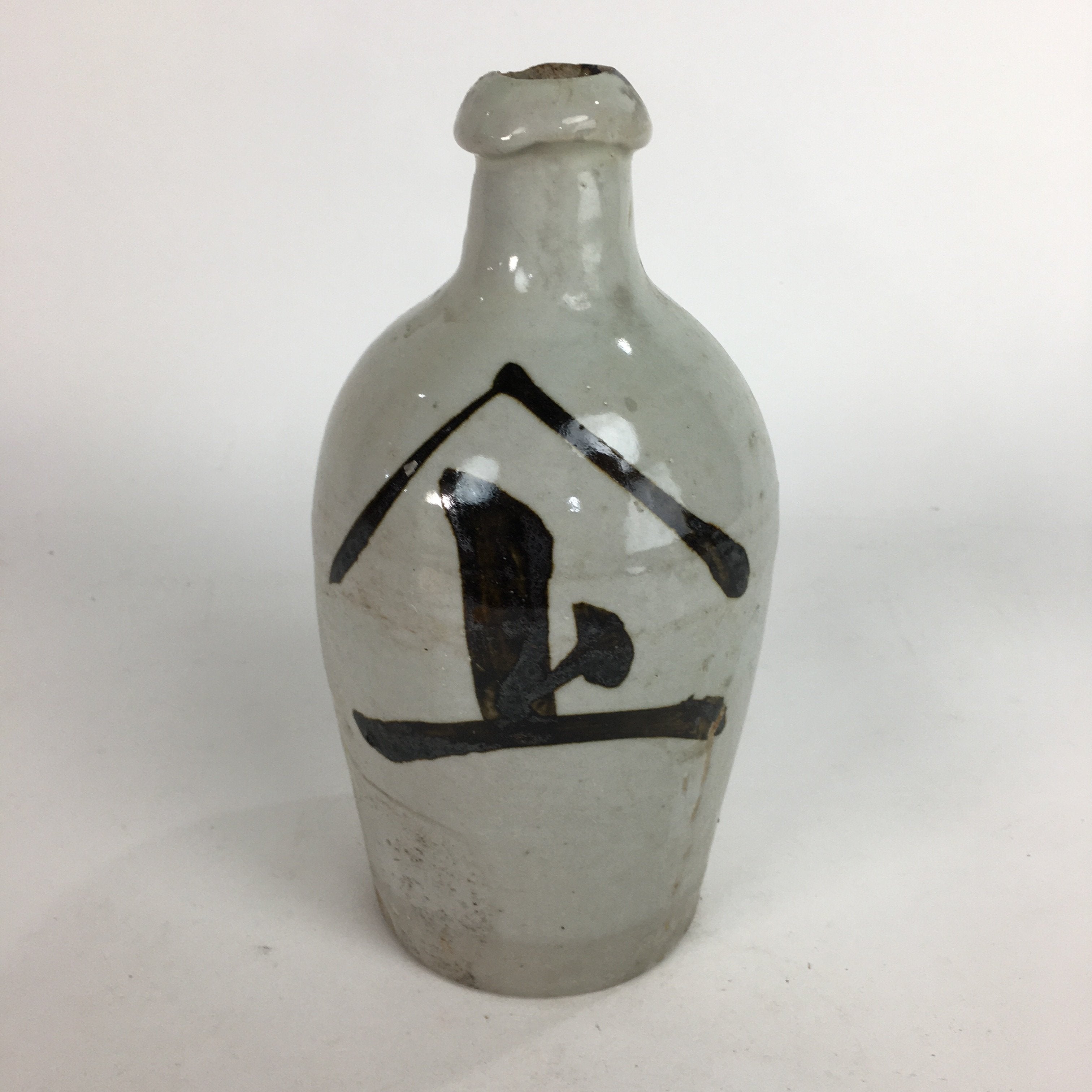 Japanese Ceramic Sake Bottle Tokkuri Vtg Pottery Gray Hand-Written Kanji TS275