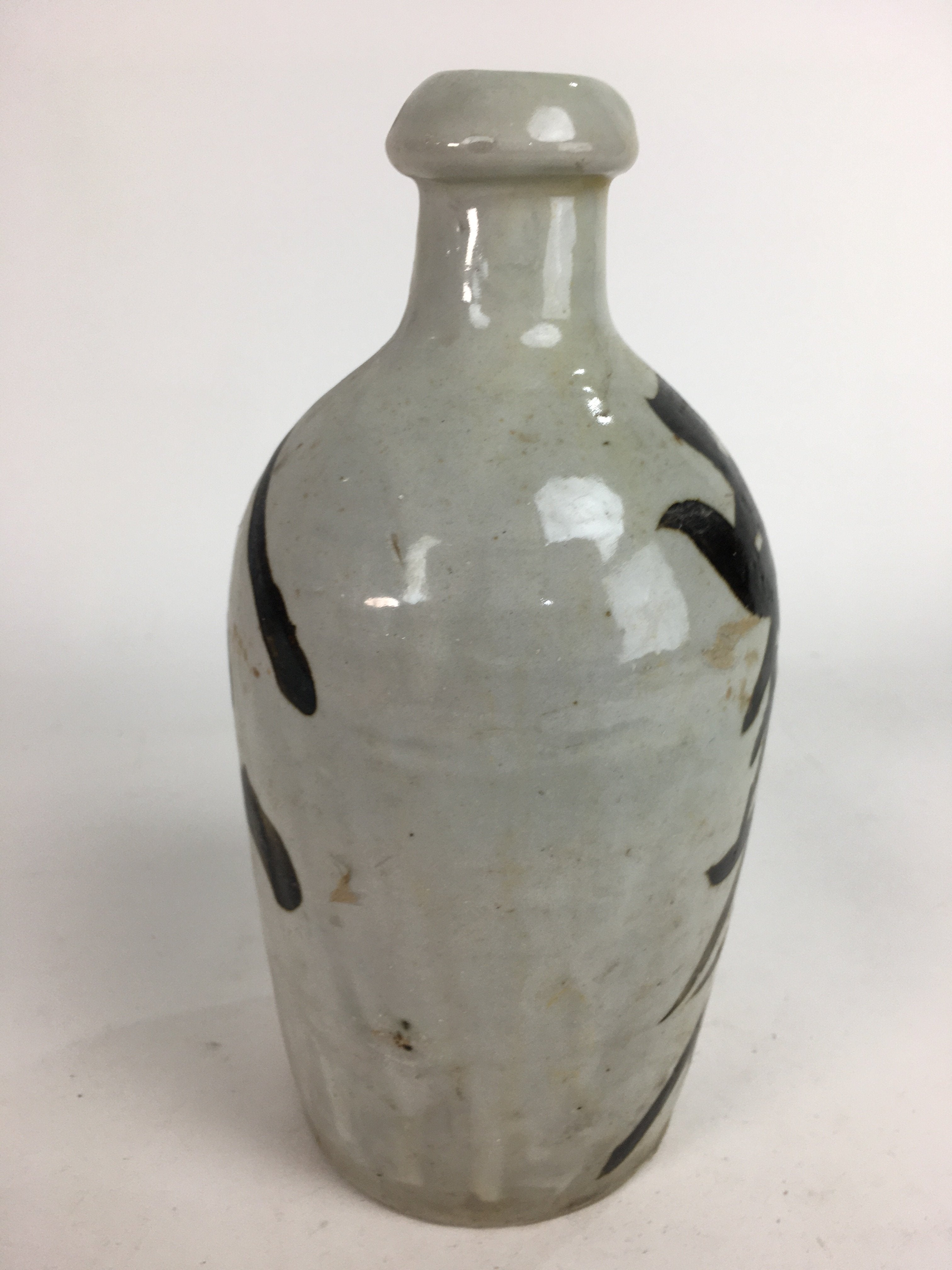 Japanese Ceramic Sake Bottle Tokkuri Vtg Pottery Gray Hand-Written Kanji TS276