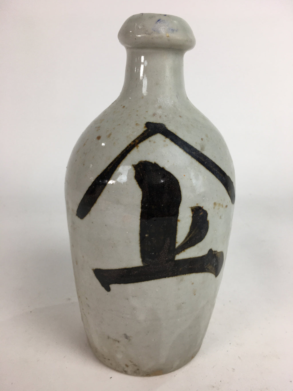 Japanese Ceramic Sake Bottle Tokkuri Vtg Pottery Gray Hand-Written Kanji TS276