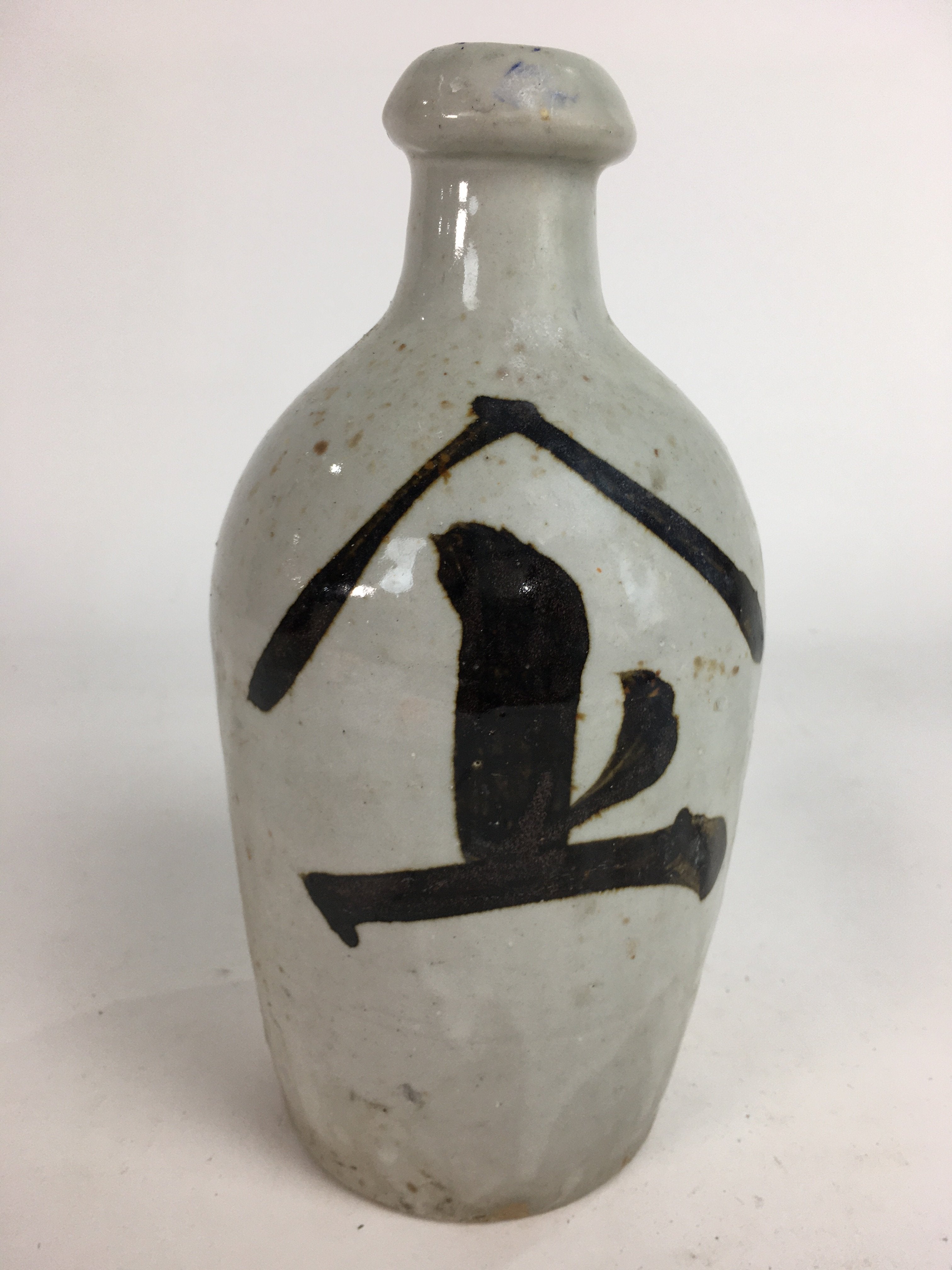 Japanese Ceramic Sake Bottle Tokkuri Vtg Pottery Gray Hand-Written Kanji TS276
