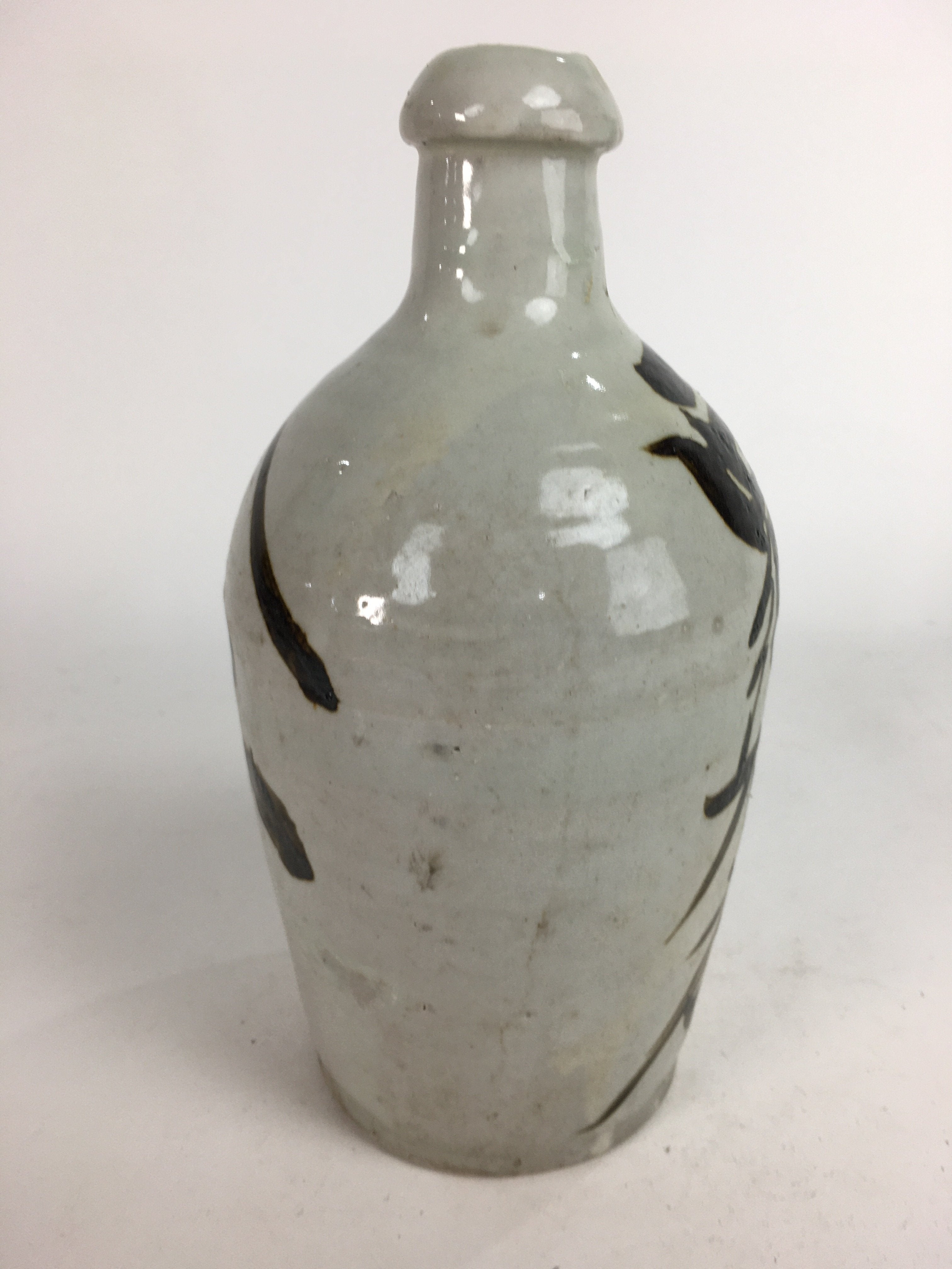 Japanese Ceramic Sake Bottle Tokkuri Vtg Pottery Gray Hand-Written Kanji TS277