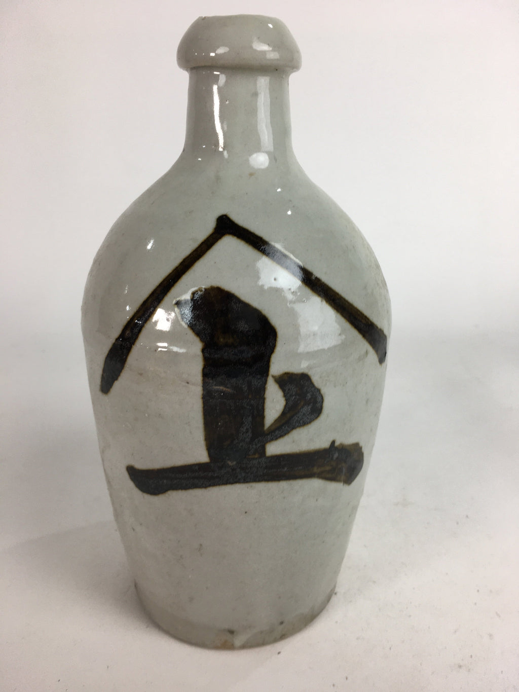 Japanese Ceramic Sake Bottle Tokkuri Vtg Pottery Gray Hand-Written Kanji TS277
