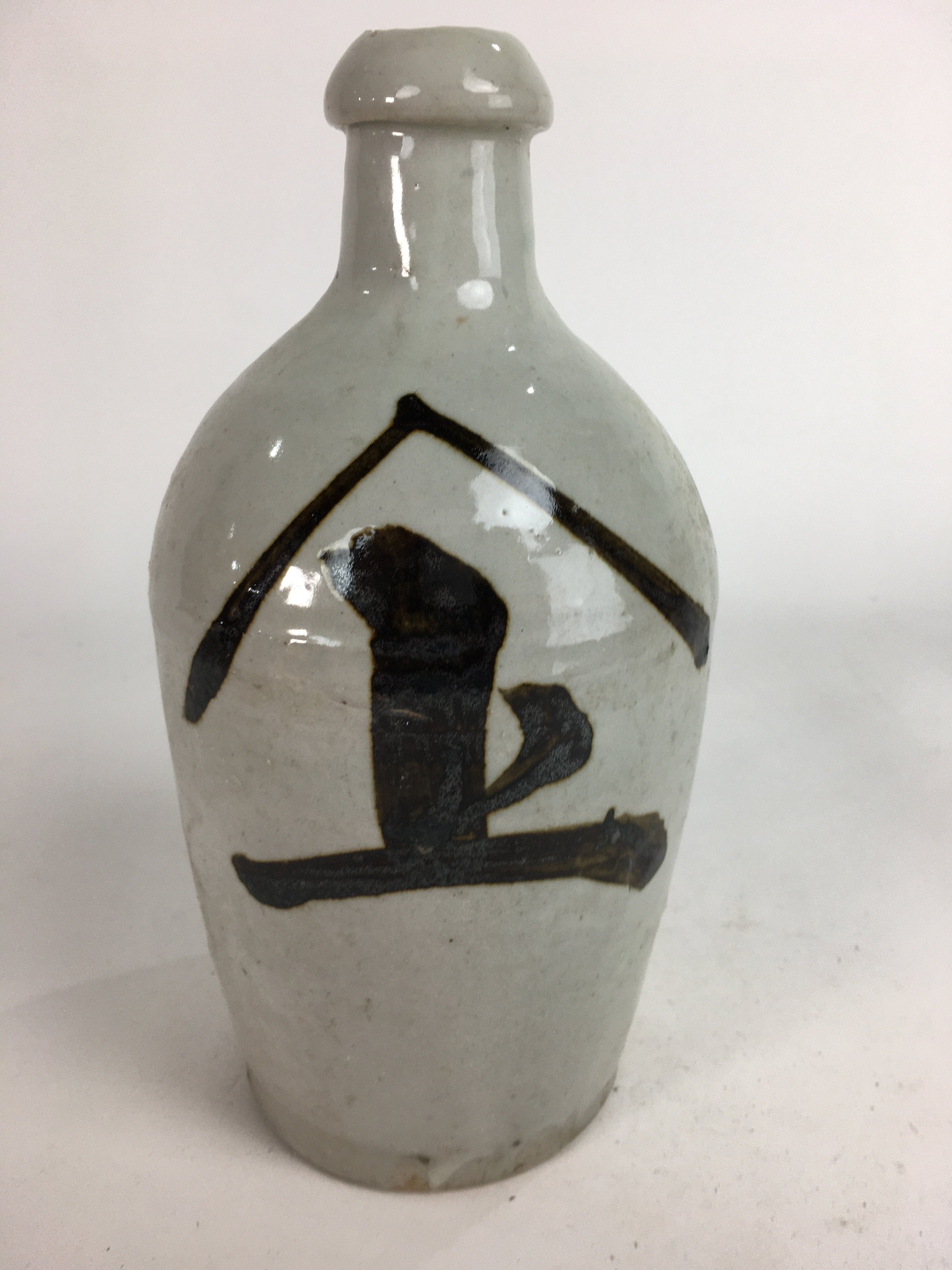 Japanese Ceramic Sake Bottle Tokkuri Vtg Pottery Gray Hand-Written Kanji TS277