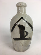 Japanese Ceramic Sake Bottle Tokkuri Vtg Pottery Gray Hand-Written Kanji TS278