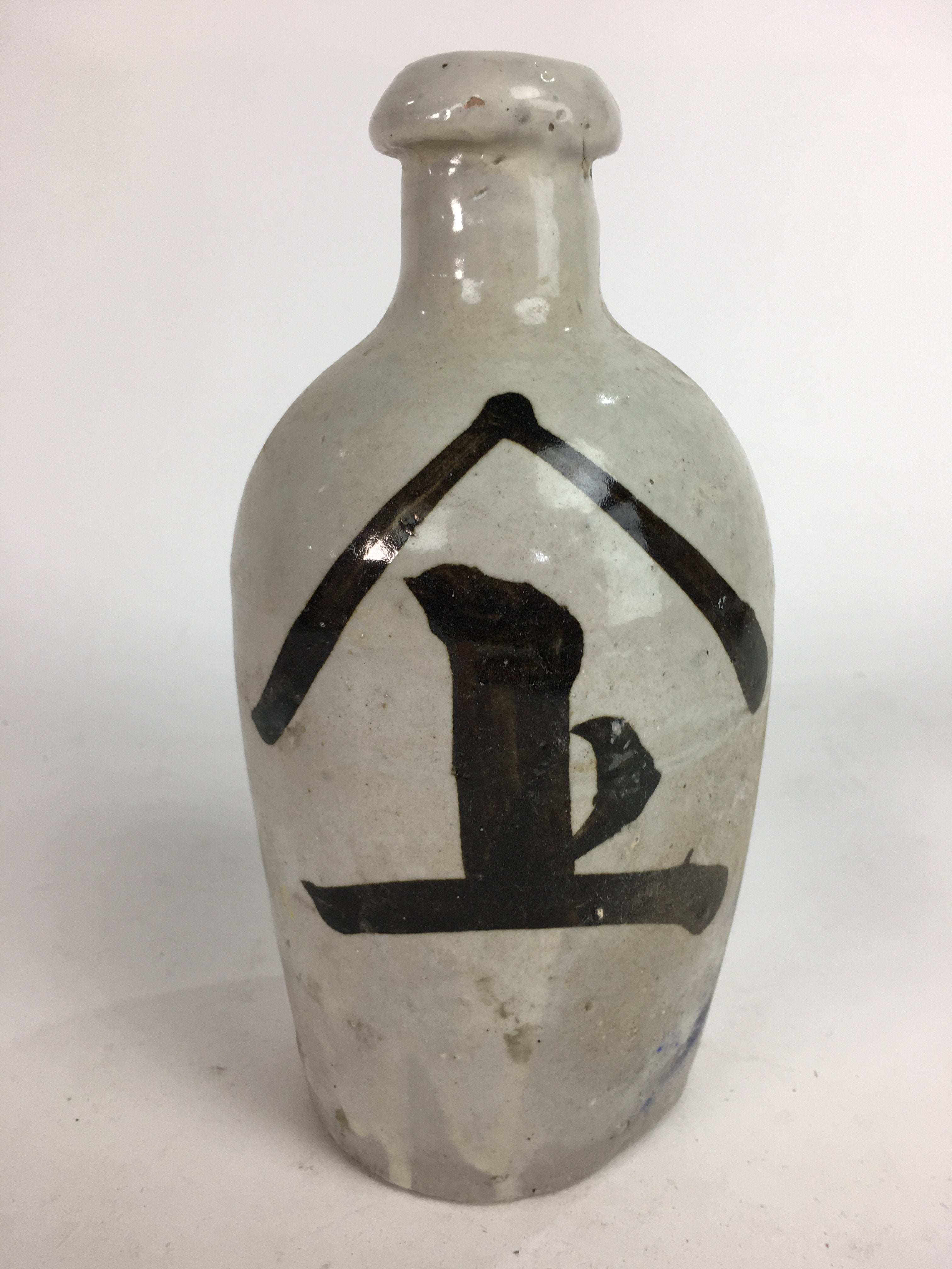 Japanese Ceramic Sake Bottle Tokkuri Vtg Pottery Gray Hand-Written Kanji TS278