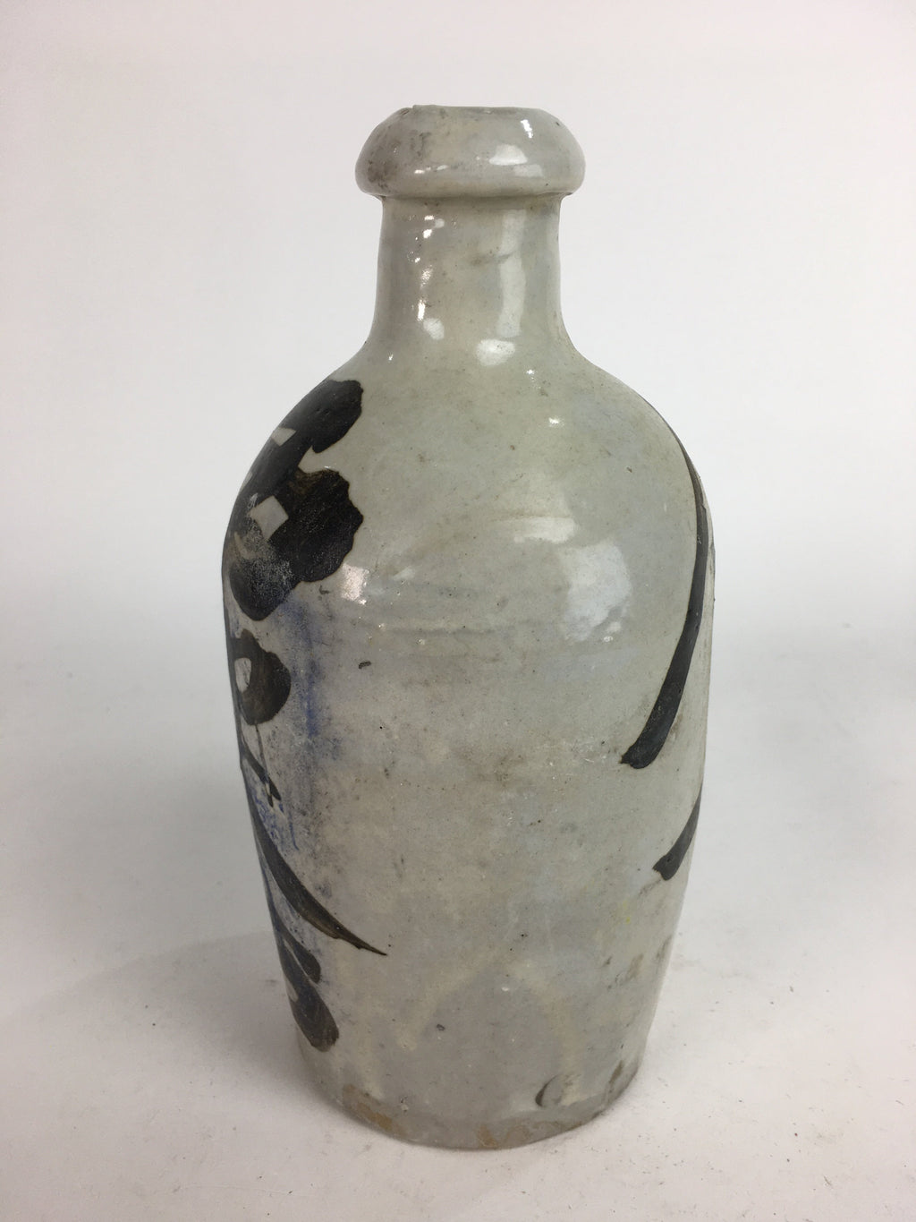 Japanese Ceramic Sake Bottle Tokkuri Vtg Pottery Gray Hand-Written Kanji TS278