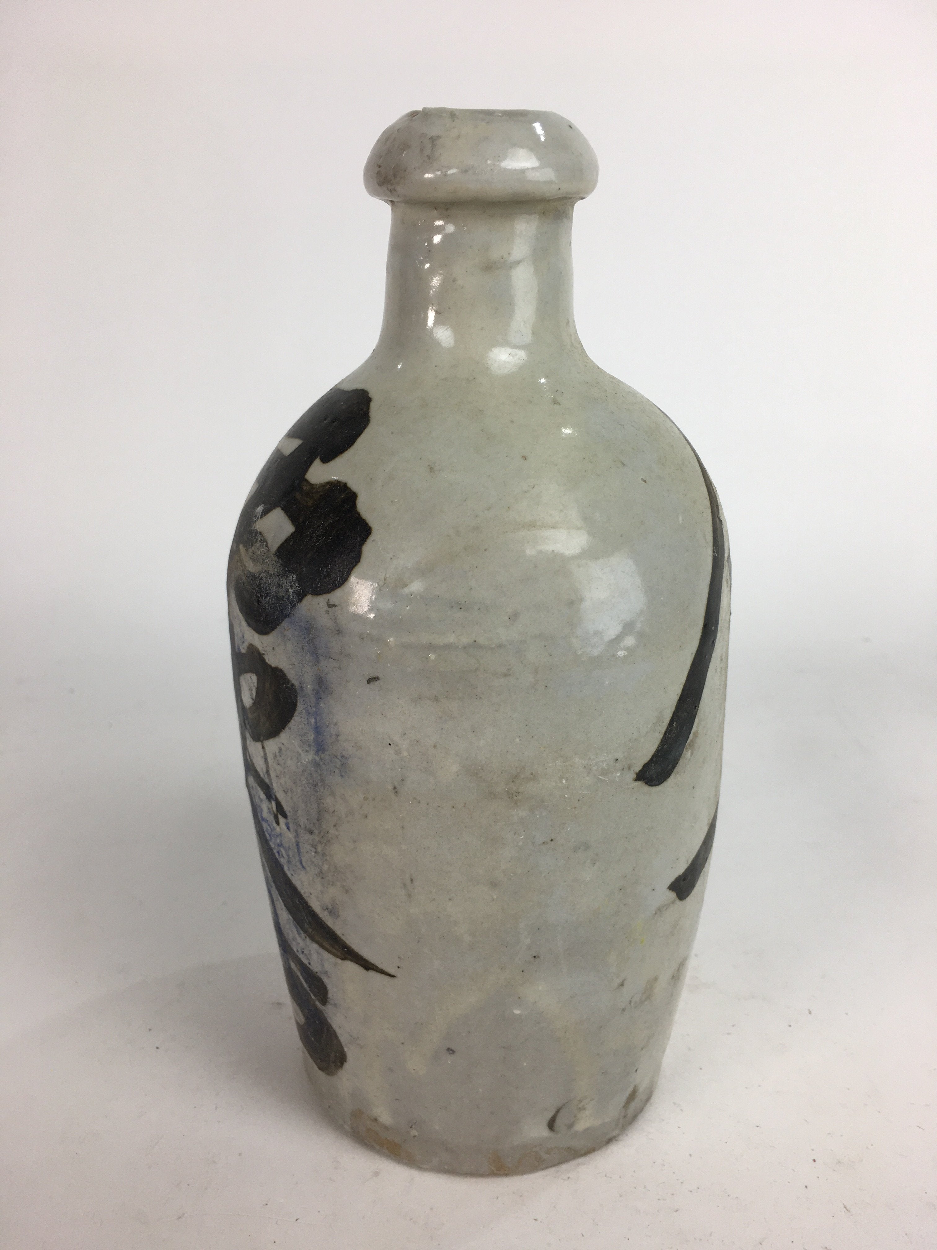Japanese Ceramic Sake Bottle Tokkuri Vtg Pottery Gray Hand-Written Kanji TS278