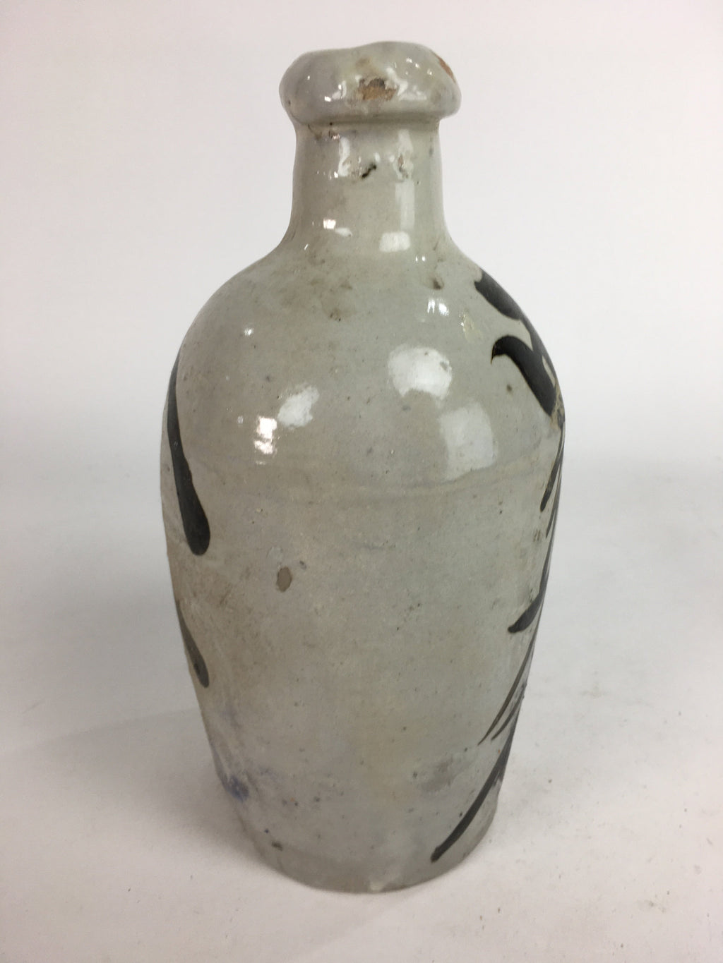 Japanese Ceramic Sake Bottle Tokkuri Vtg Pottery Gray Hand-Written Kanji TS278