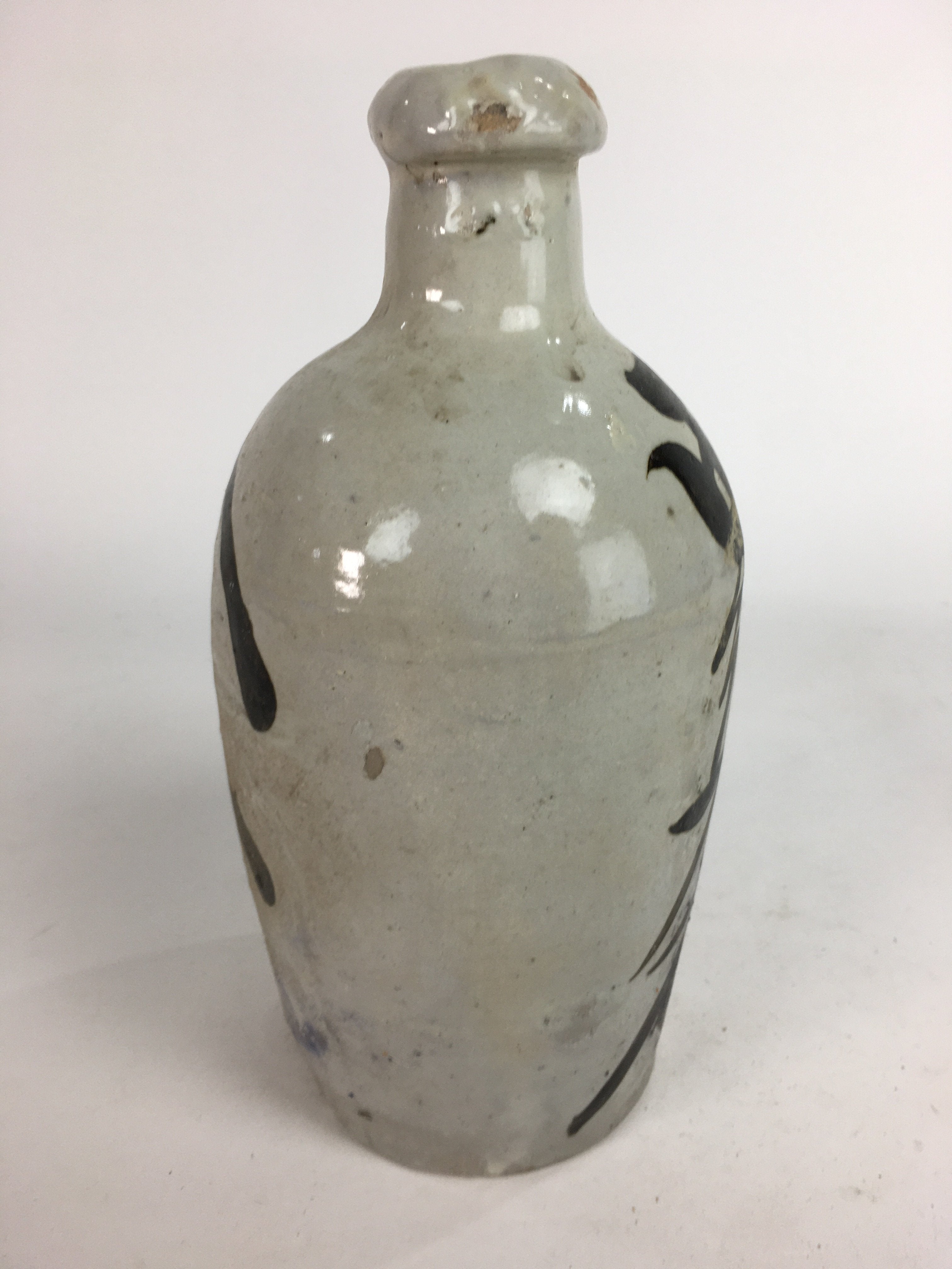 Japanese Ceramic Sake Bottle Tokkuri Vtg Pottery Gray Hand-Written Kanji TS278
