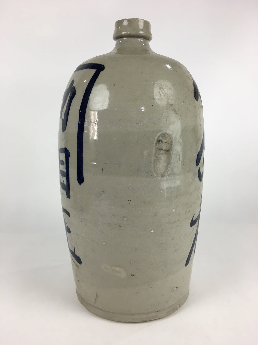 Japanese Ceramic Sake Bottle Tokkuri Vtg Pottery Gray Hand-Written Kanji TS407