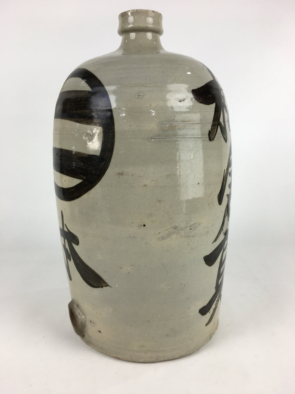 Japanese Ceramic Sake Bottle Tokkuri Vtg Pottery Gray Hand-Written Kanji TS408