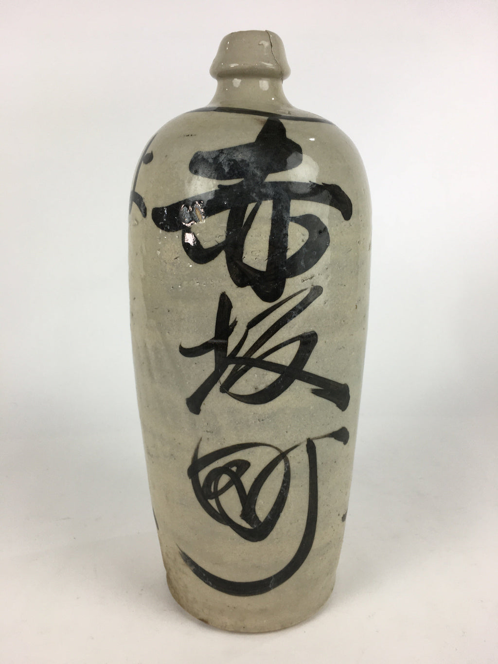 Japanese Ceramic Sake Bottle Tokkuri Vtg Pottery Gray Hand-Written Kanji TS409