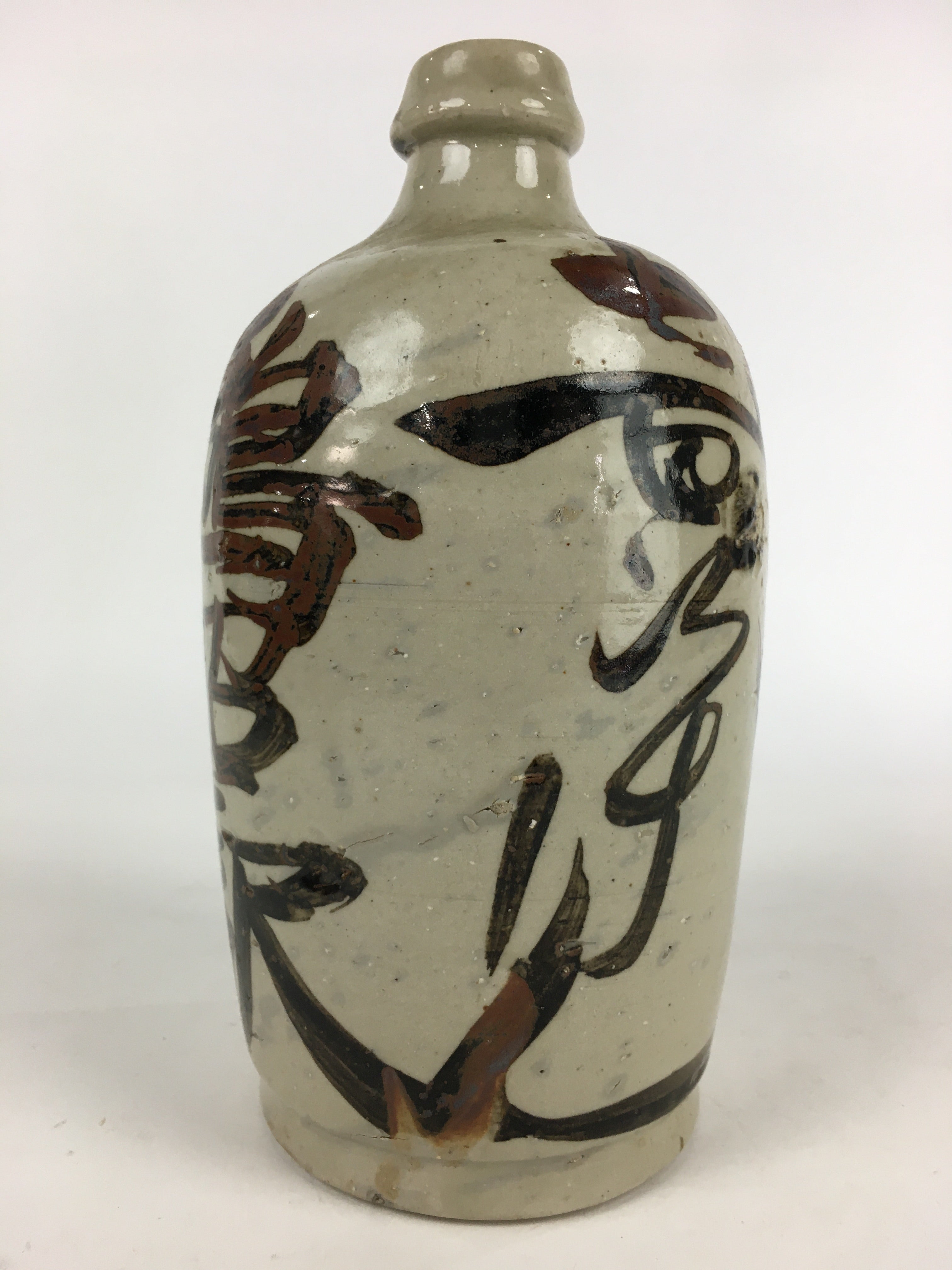 Japanese Ceramic Sake Bottle Tokkuri Vtg Pottery Gray Hand-Written Kanji TS410
