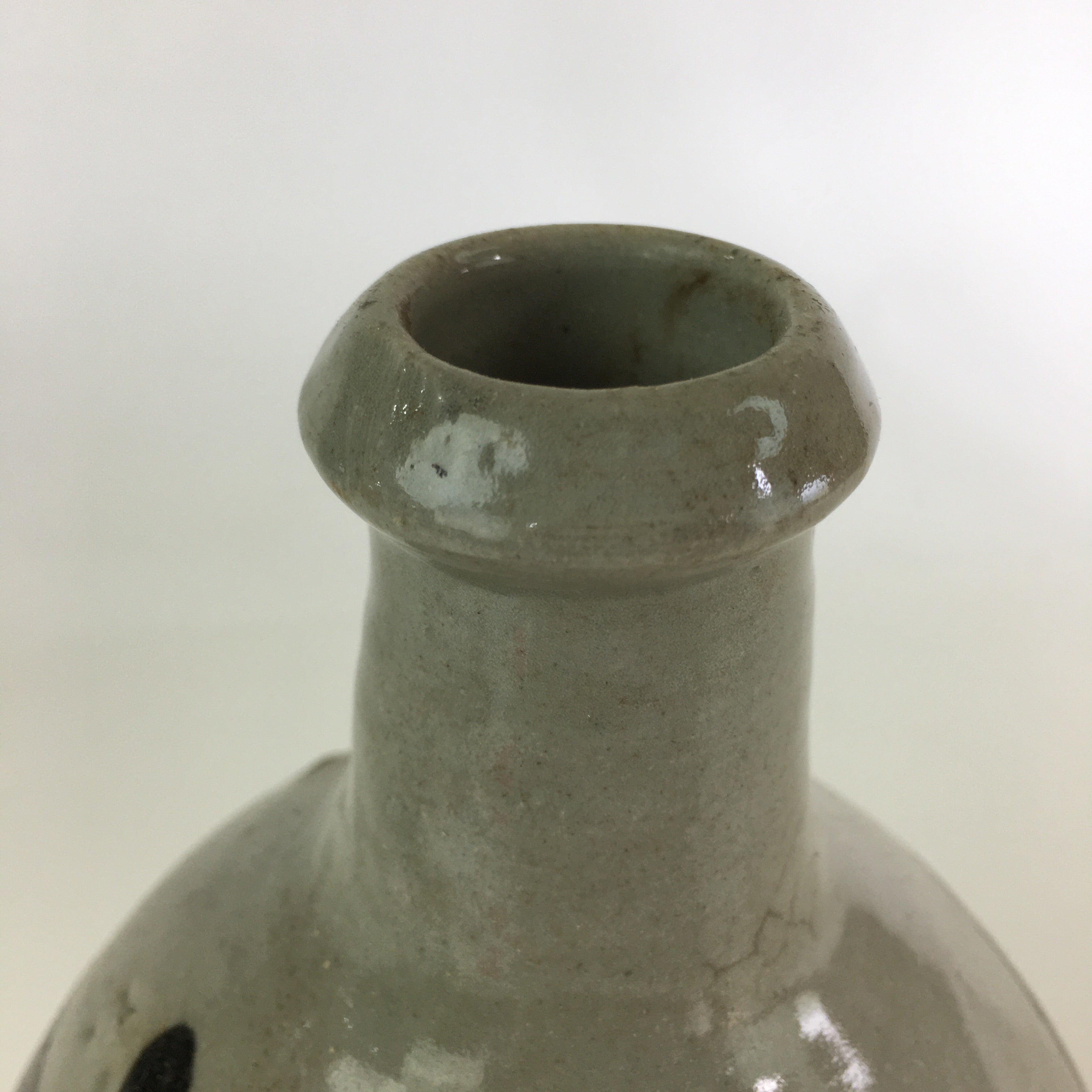 Japanese Ceramic Sake Bottle Tokkuri Vtg Pottery Gray Hand-Written Kanji TS412
