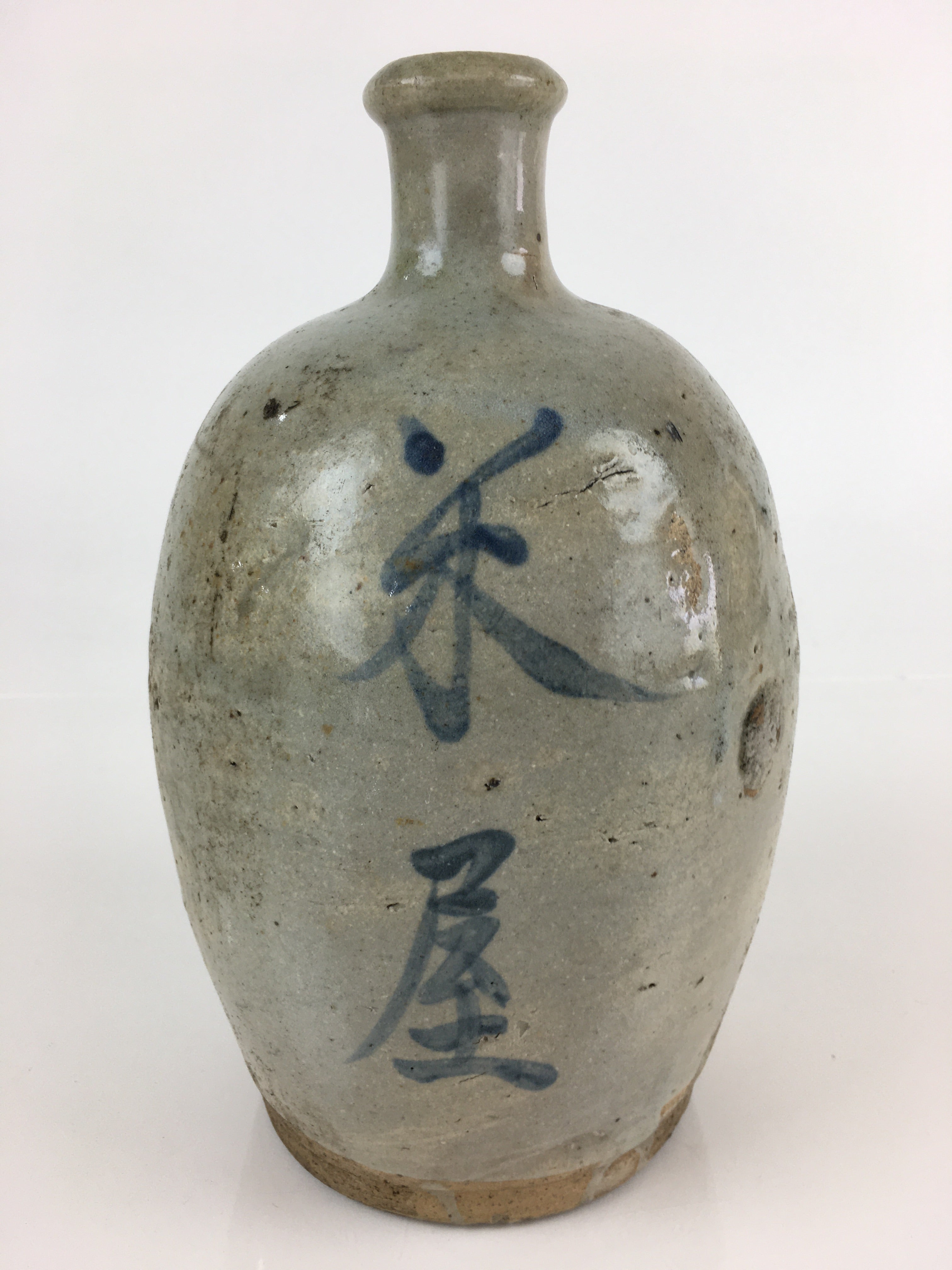 Japanese Ceramic Sake Bottle Tokkuri Vtg Pottery Gray Hand-Written Kanji TS421