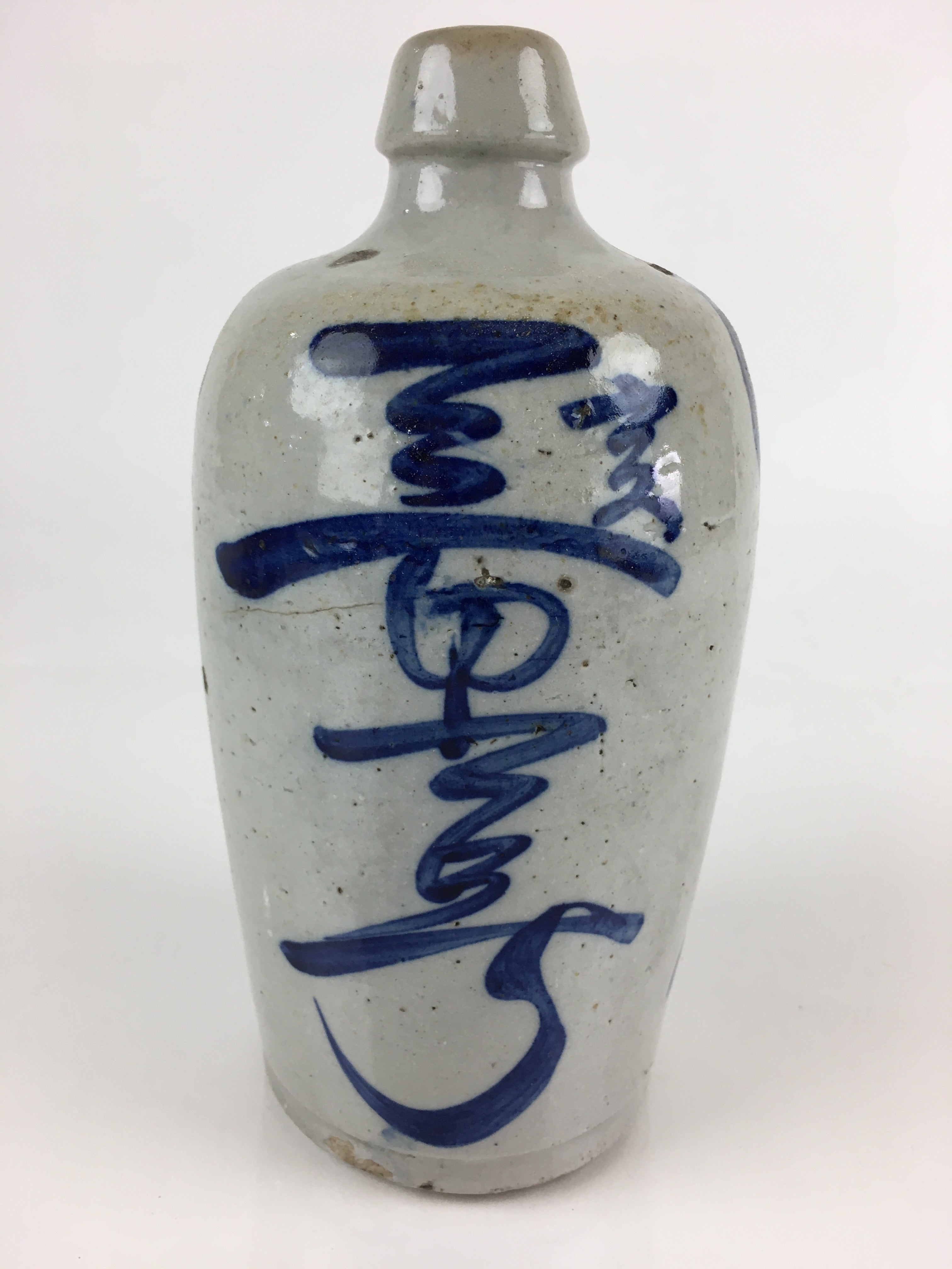 Japanese Ceramic Sake Bottle Tokkuri Vtg Pottery Gray Hand-Written Kanji TS422