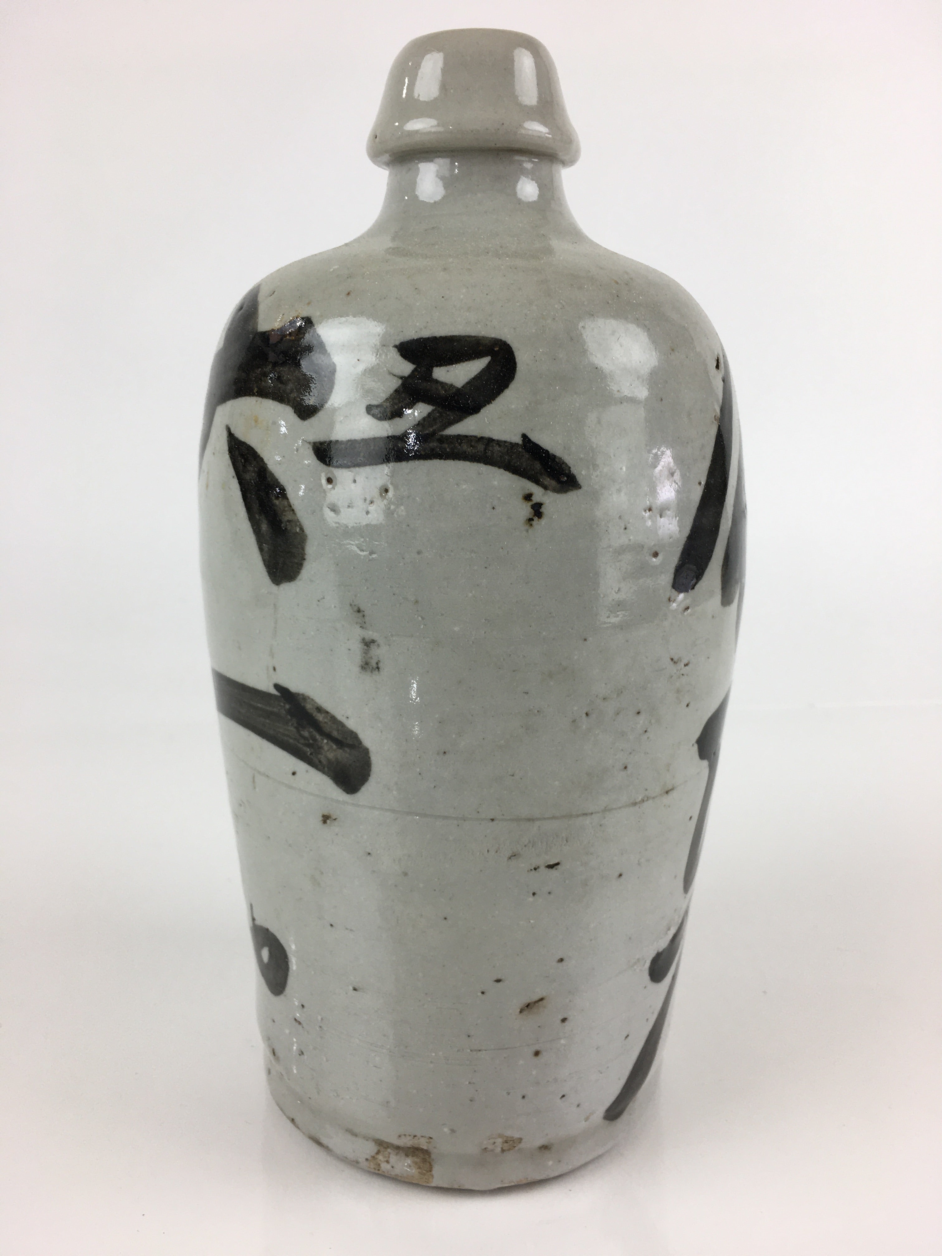 Japanese Ceramic Sake Bottle Tokkuri Vtg Pottery Gray Hand-Written