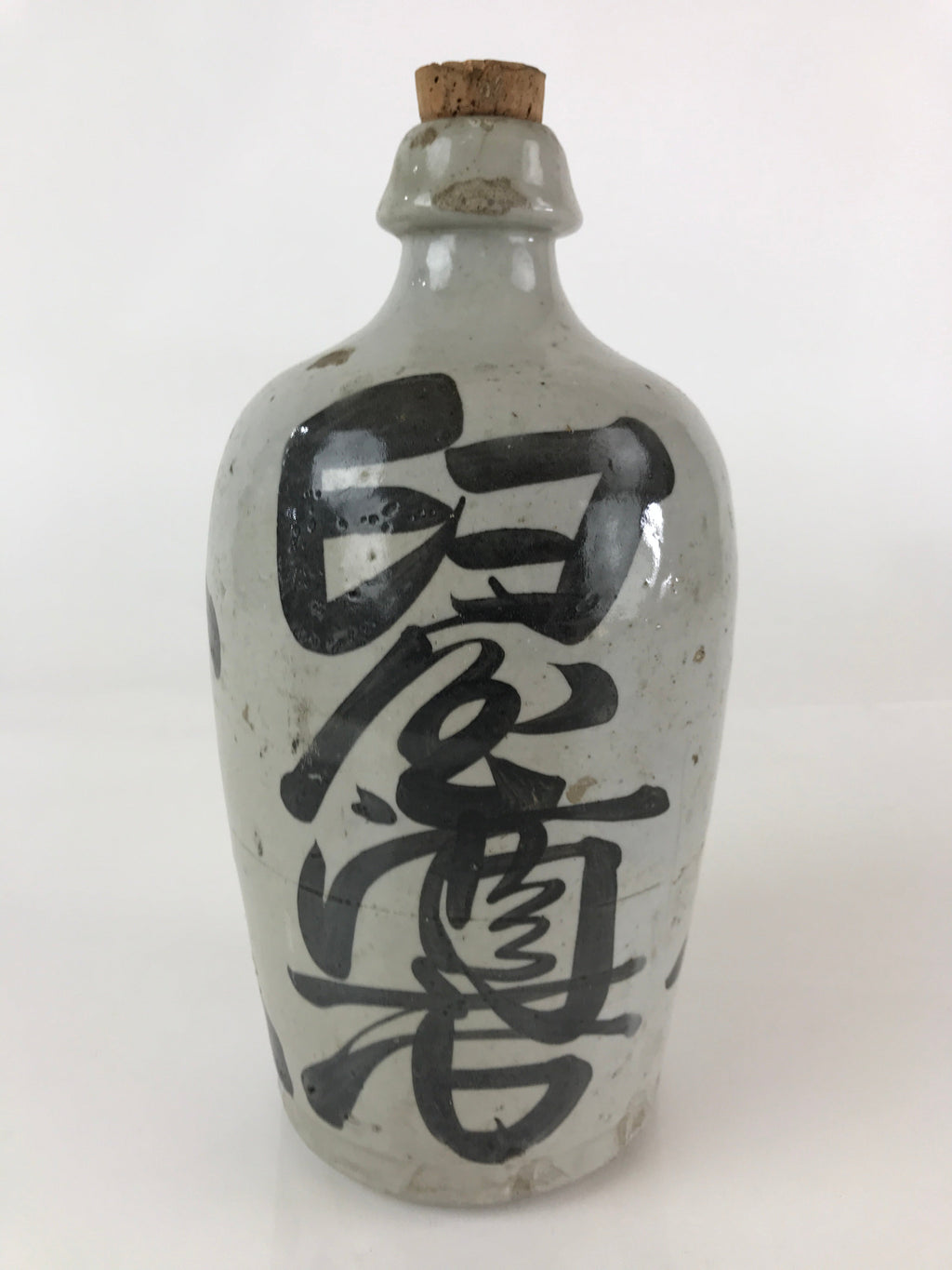 Japanese Ceramic Sake Bottle Tokkuri Vtg Pottery Gray Hand-Written Kanji TS453