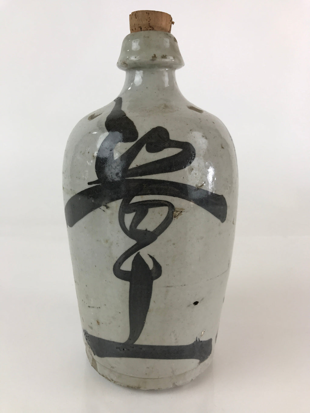 Japanese Ceramic Sake Bottle Tokkuri Vtg Pottery Gray Hand-Written Kanji TS453