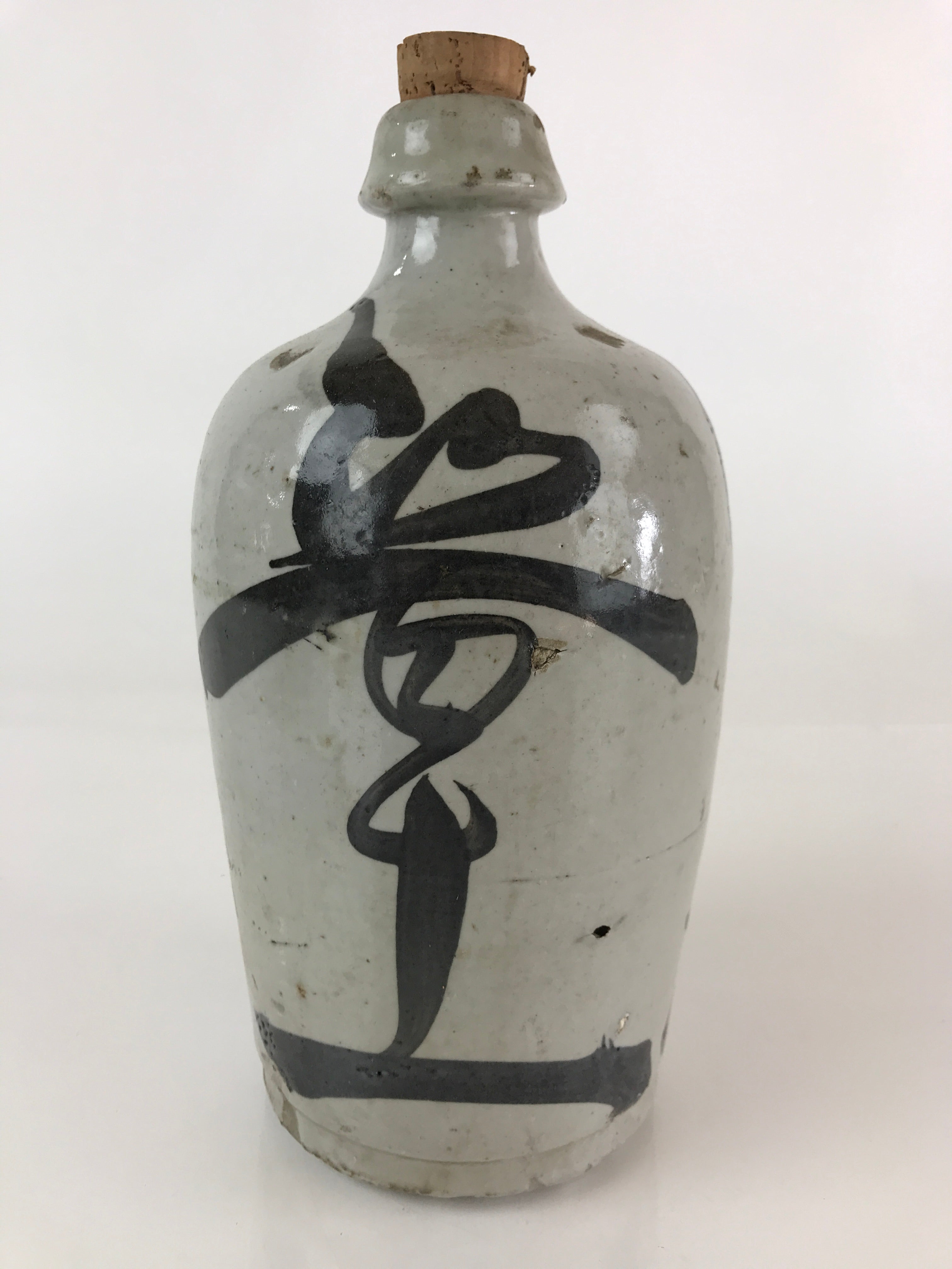 Japanese Ceramic Sake Bottle Tokkuri Vtg Pottery Gray Hand-Written Kanji TS453