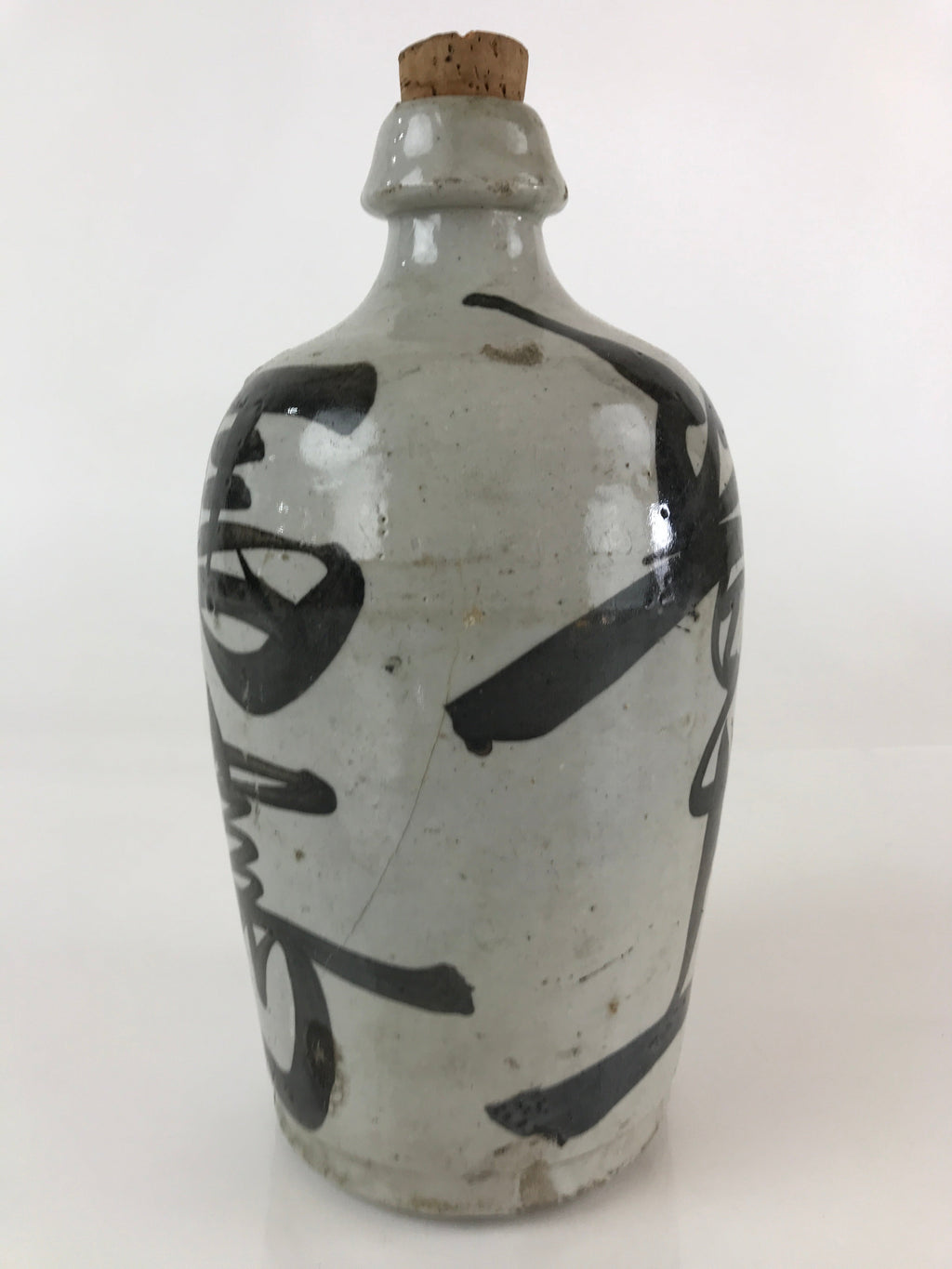 Japanese Ceramic Sake Bottle Tokkuri Vtg Pottery Gray Hand-Written Kanji TS453