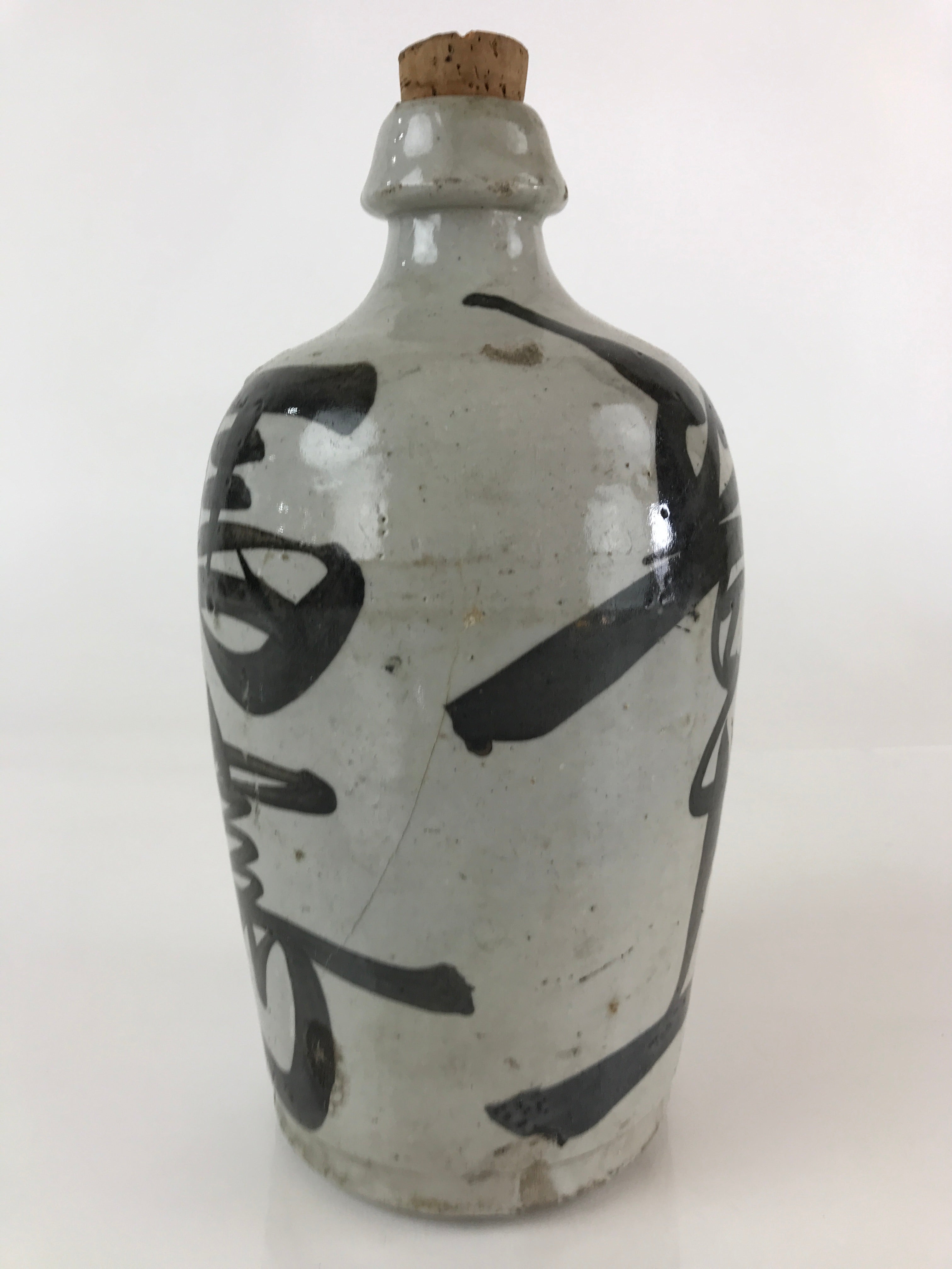 Japanese Ceramic Sake Bottle Tokkuri Vtg Pottery Gray Hand-Written Kanji TS453