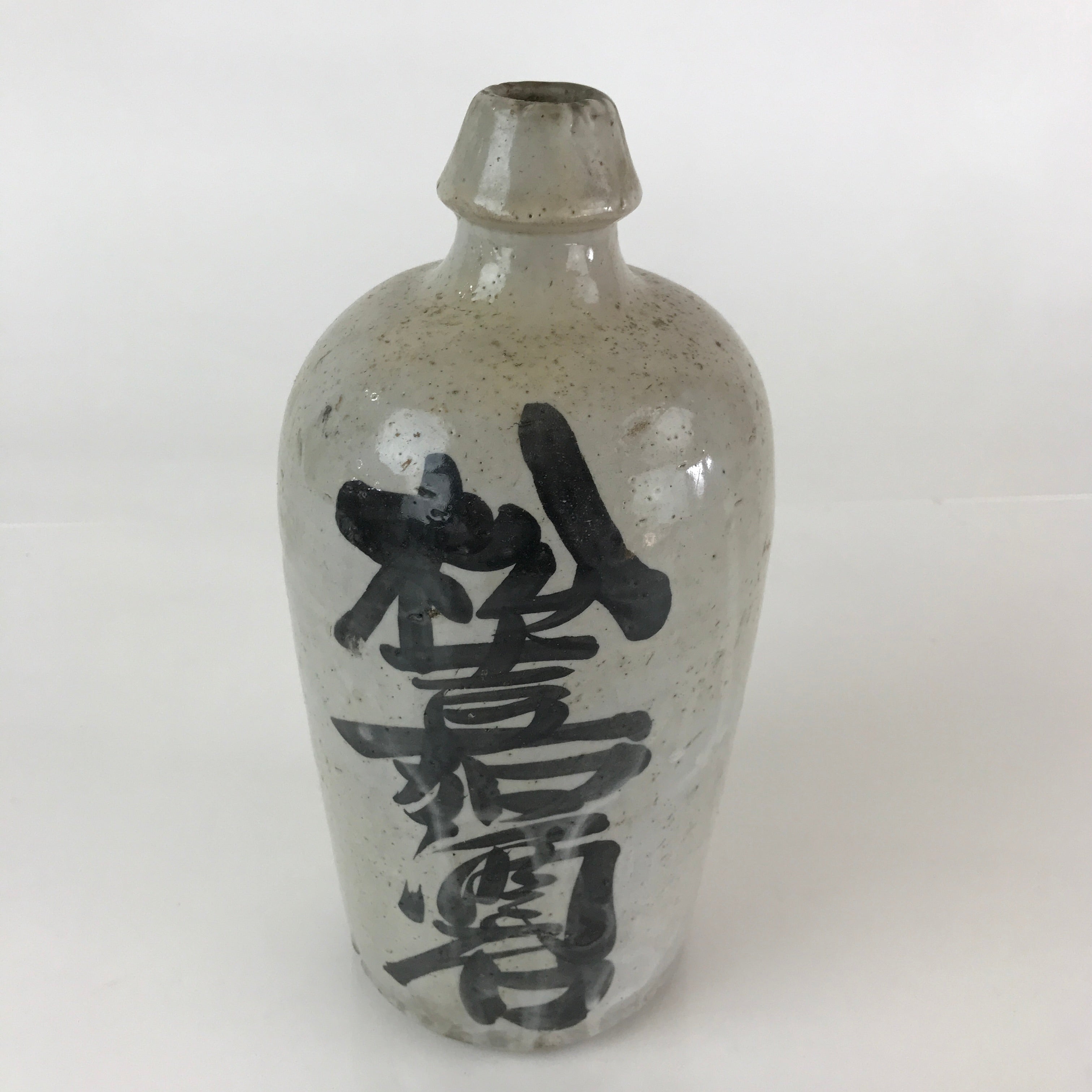 Japanese Ceramic Sake Bottle Tokkuri Vtg Pottery Gray Hand-Written Kanji TS454