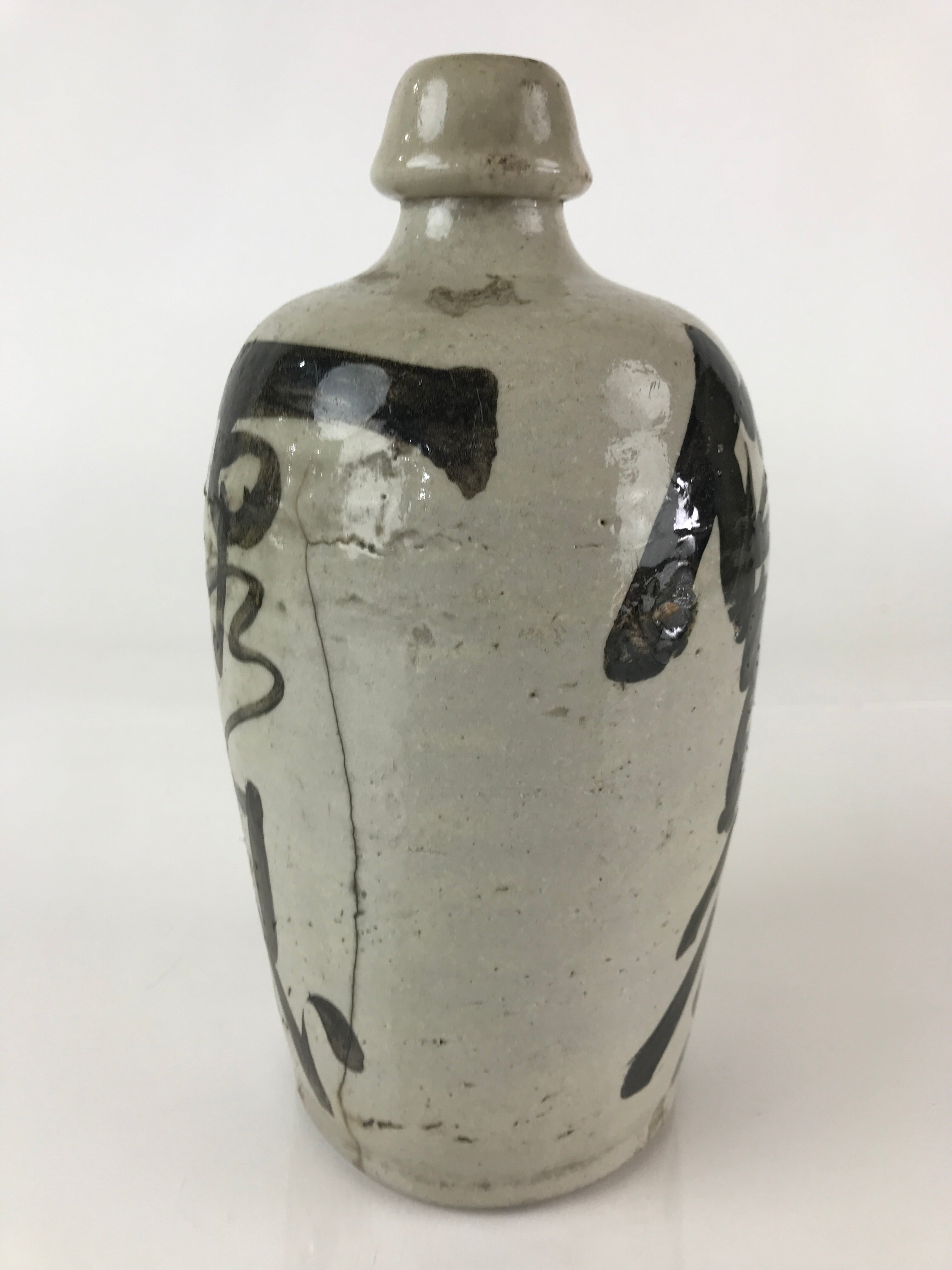 Japanese Ceramic Sake Bottle Tokkuri Vtg Pottery Gray Hand-Written Kanji TS477