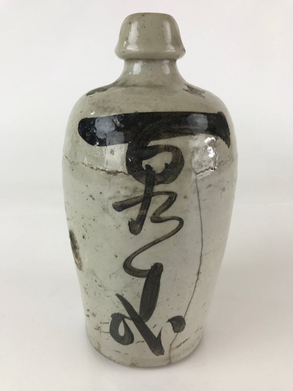 Japanese Ceramic Sake Bottle Tokkuri Vtg Pottery Gray Hand-Written Kanji TS477