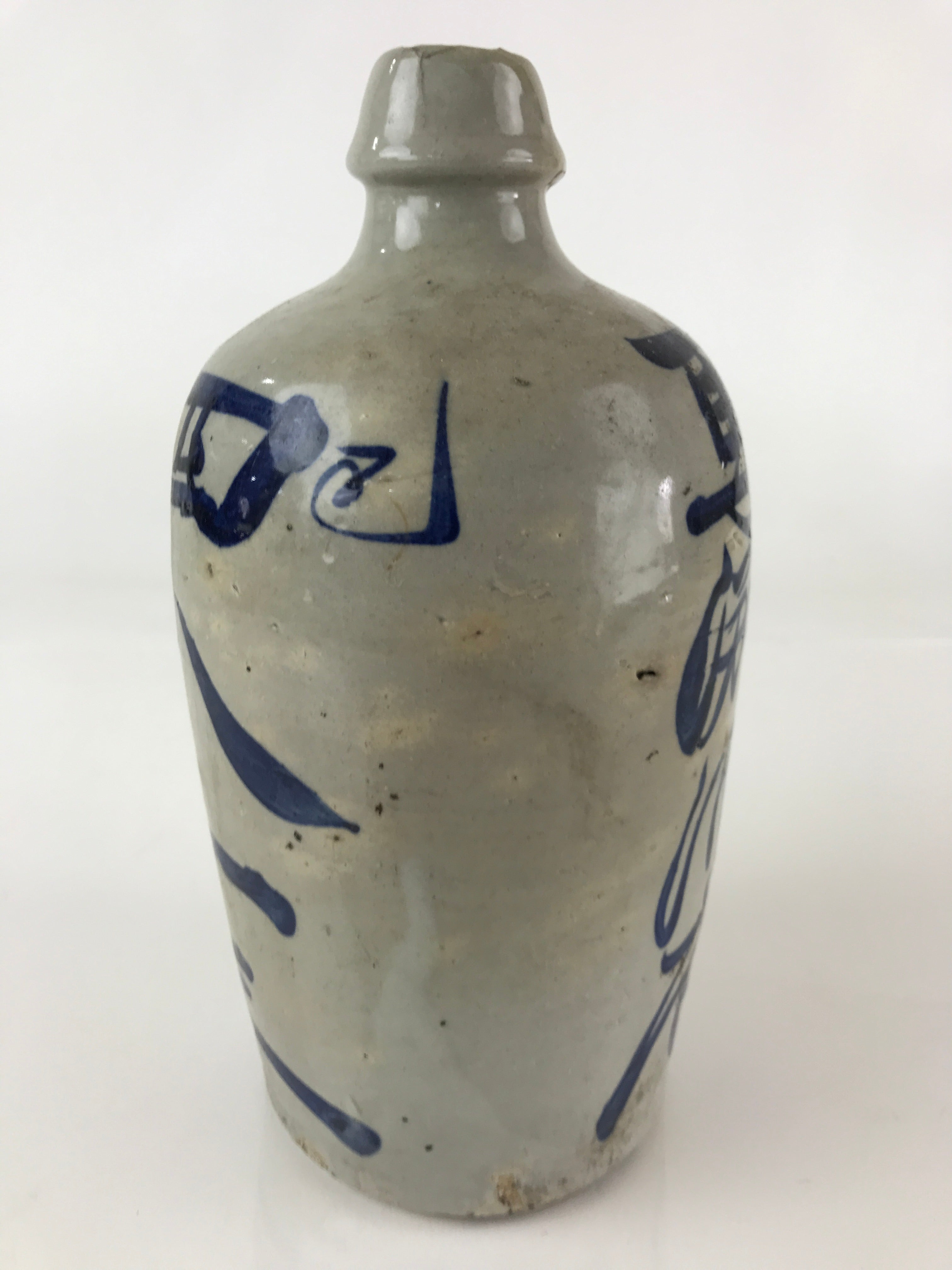 Japanese Ceramic Sake Bottle Tokkuri Vtg Pottery Gray Hand-Written Kanji TS478