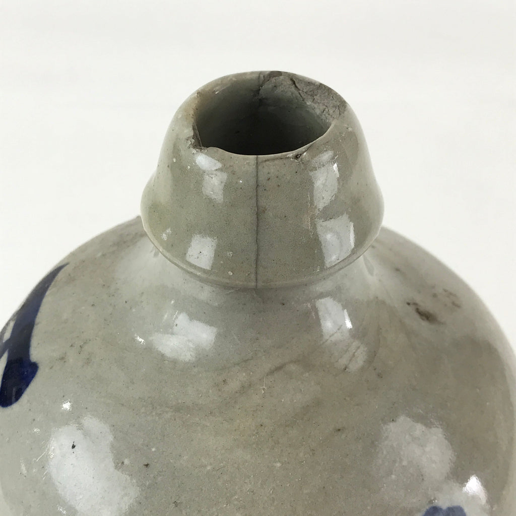 Japanese Ceramic Sake Bottle Tokkuri Vtg Pottery Gray Hand-Written Kanji TS478