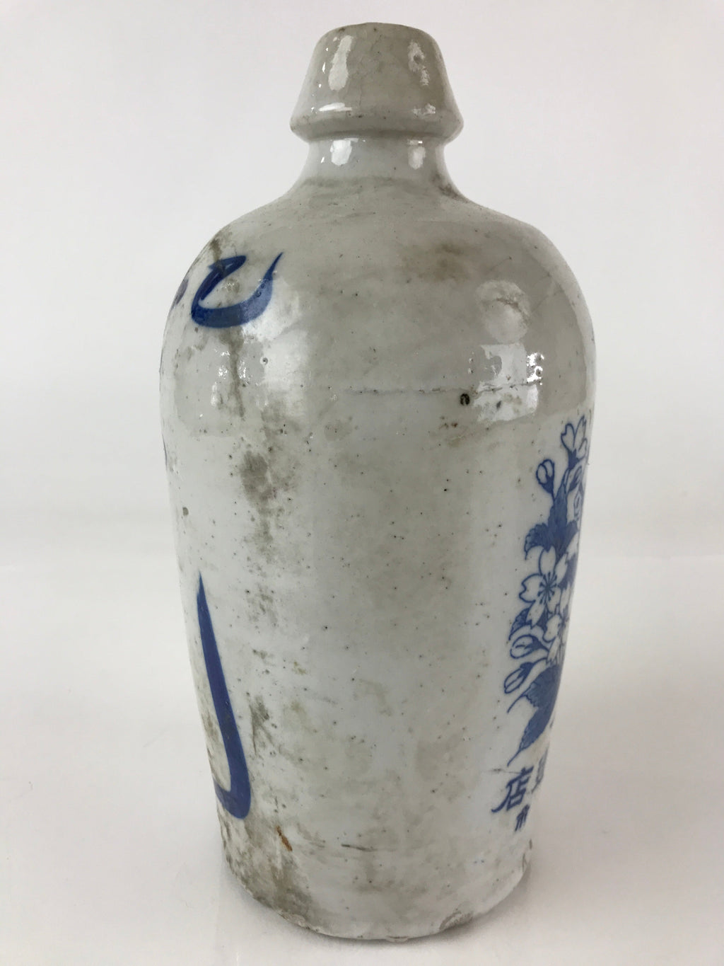 Japanese Ceramic Sake Bottle Tokkuri Vtg Pottery Gray Hand-Written Kanji TS479