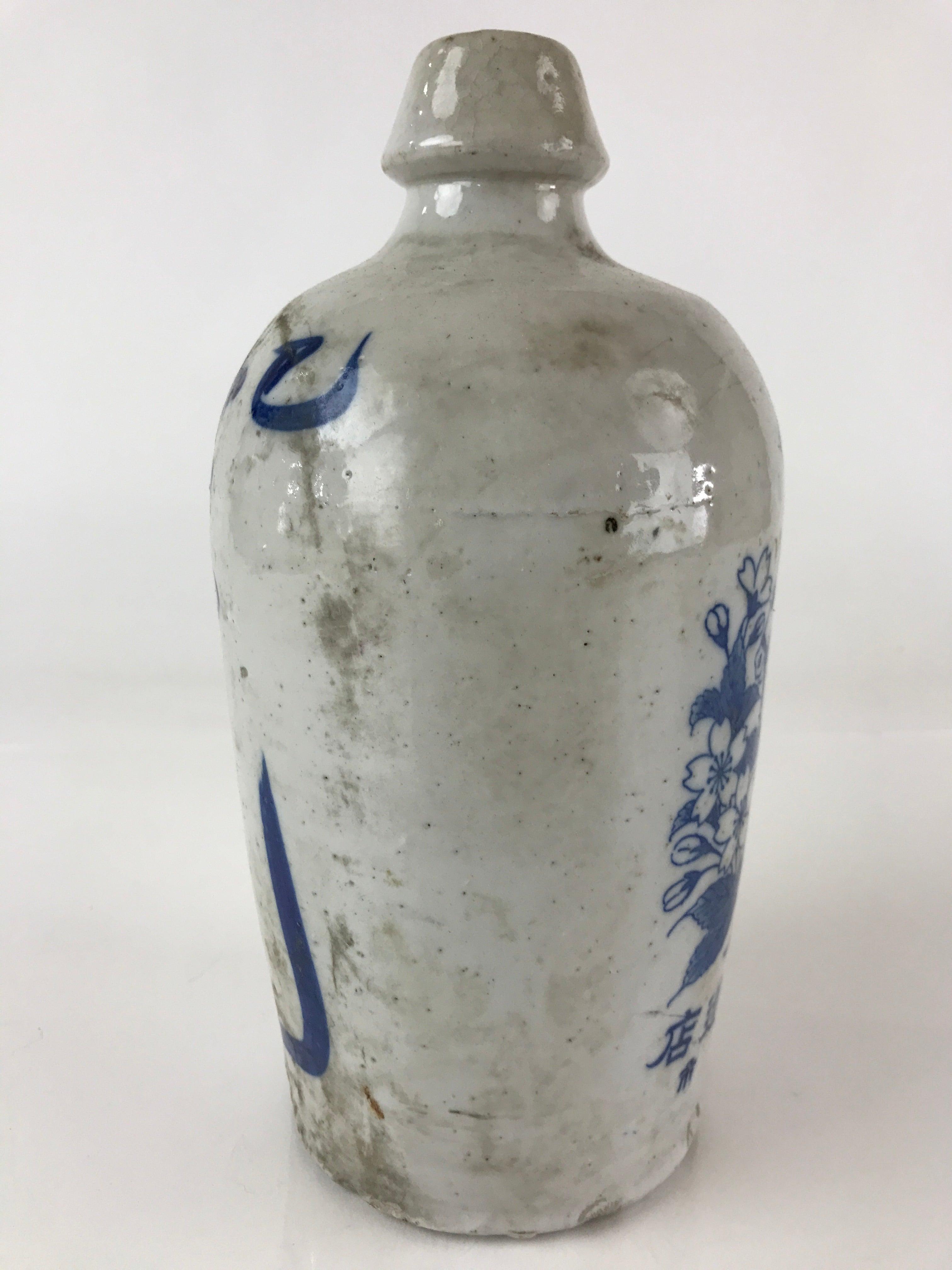 Japanese Ceramic Sake Bottle Tokkuri Vtg Pottery Gray Hand-Written Kanji TS479
