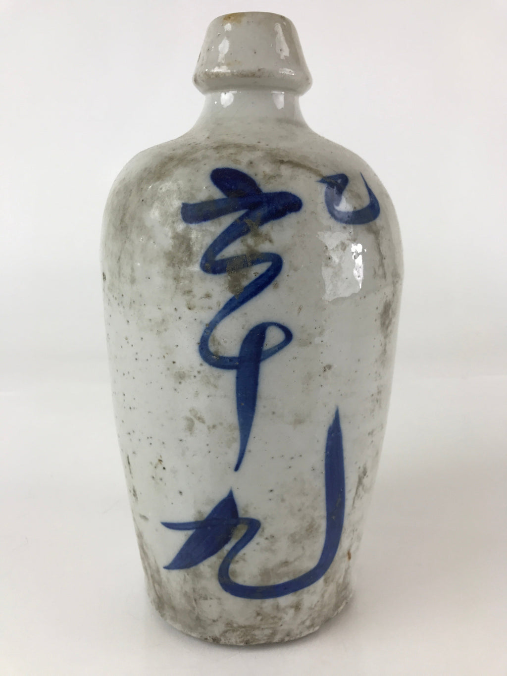Japanese Ceramic Sake Bottle Tokkuri Vtg Pottery Gray Hand-Written Kanji TS479