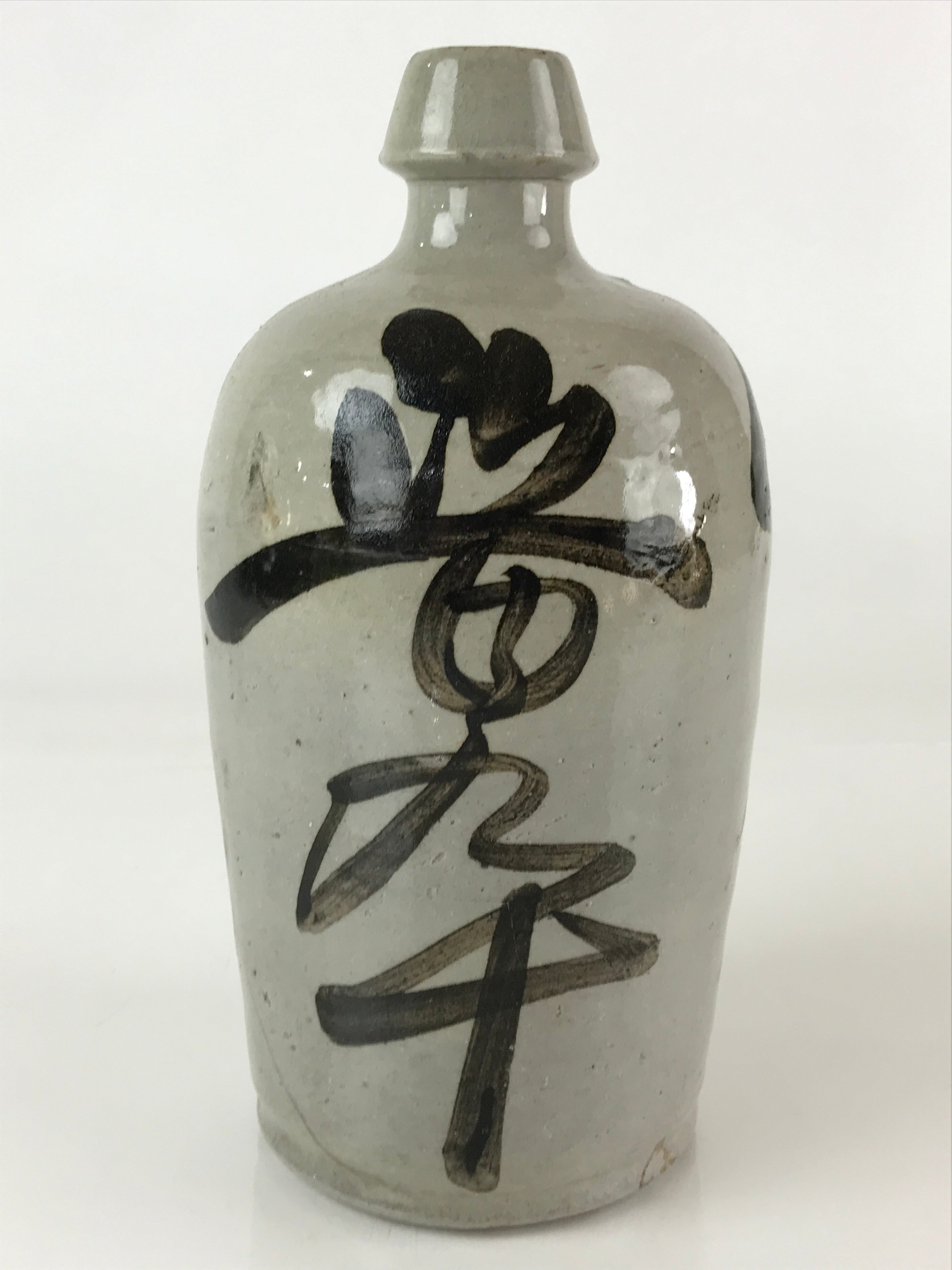 Japanese Ceramic Sake Bottle Tokkuri Vtg Pottery Gray Hand-Written Kanji TS480