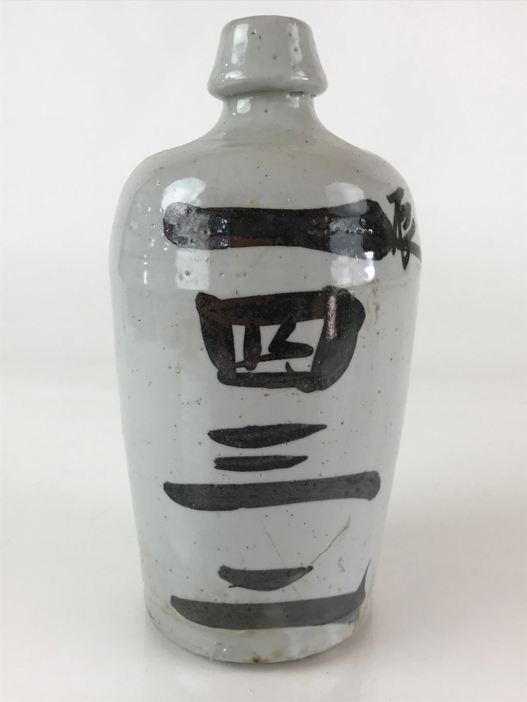 Japanese Ceramic Sake Bottle Tokkuri Vtg Pottery Gray Hand-Written Kanji TS482