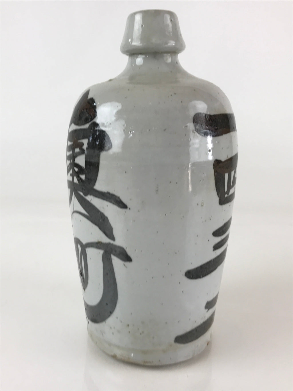 Japanese Ceramic Sake Bottle Tokkuri Vtg Pottery Gray Hand-Written Kanji TS482