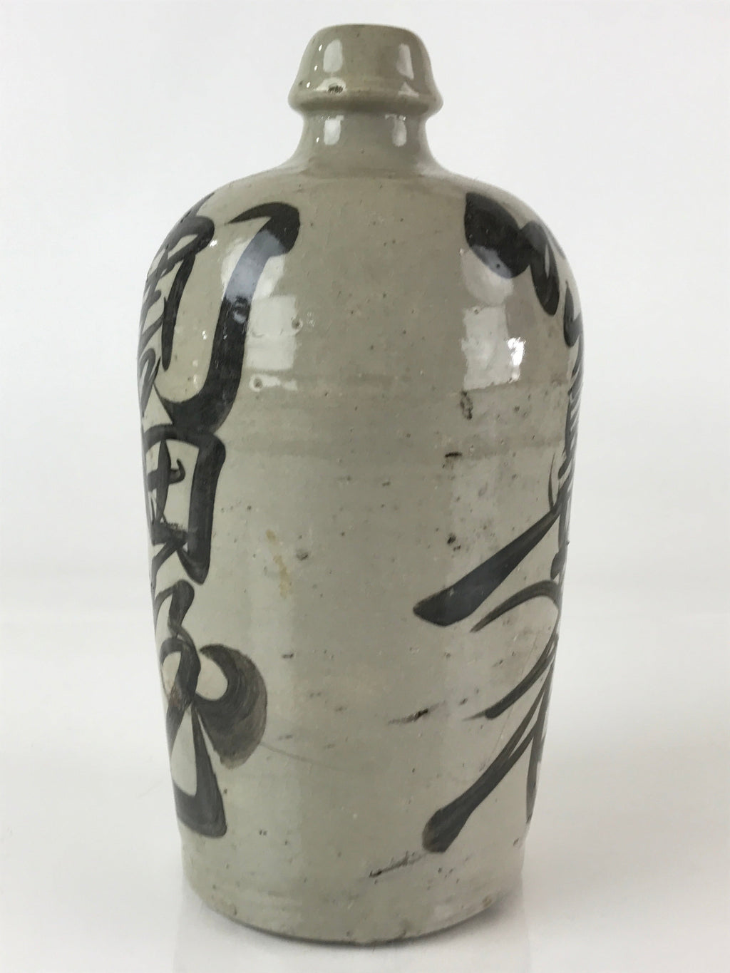 Japanese Ceramic Sake Bottle Tokkuri Vtg Pottery Gray Hand-Written Kanji TS483