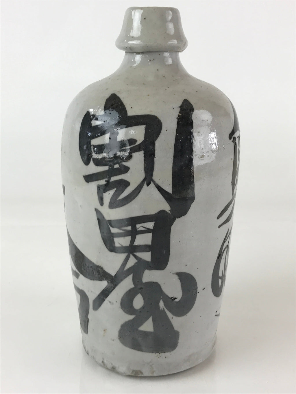 Japanese Ceramic Sake Bottle Tokkuri Vtg Pottery Gray Hand-Written Kanji TS484