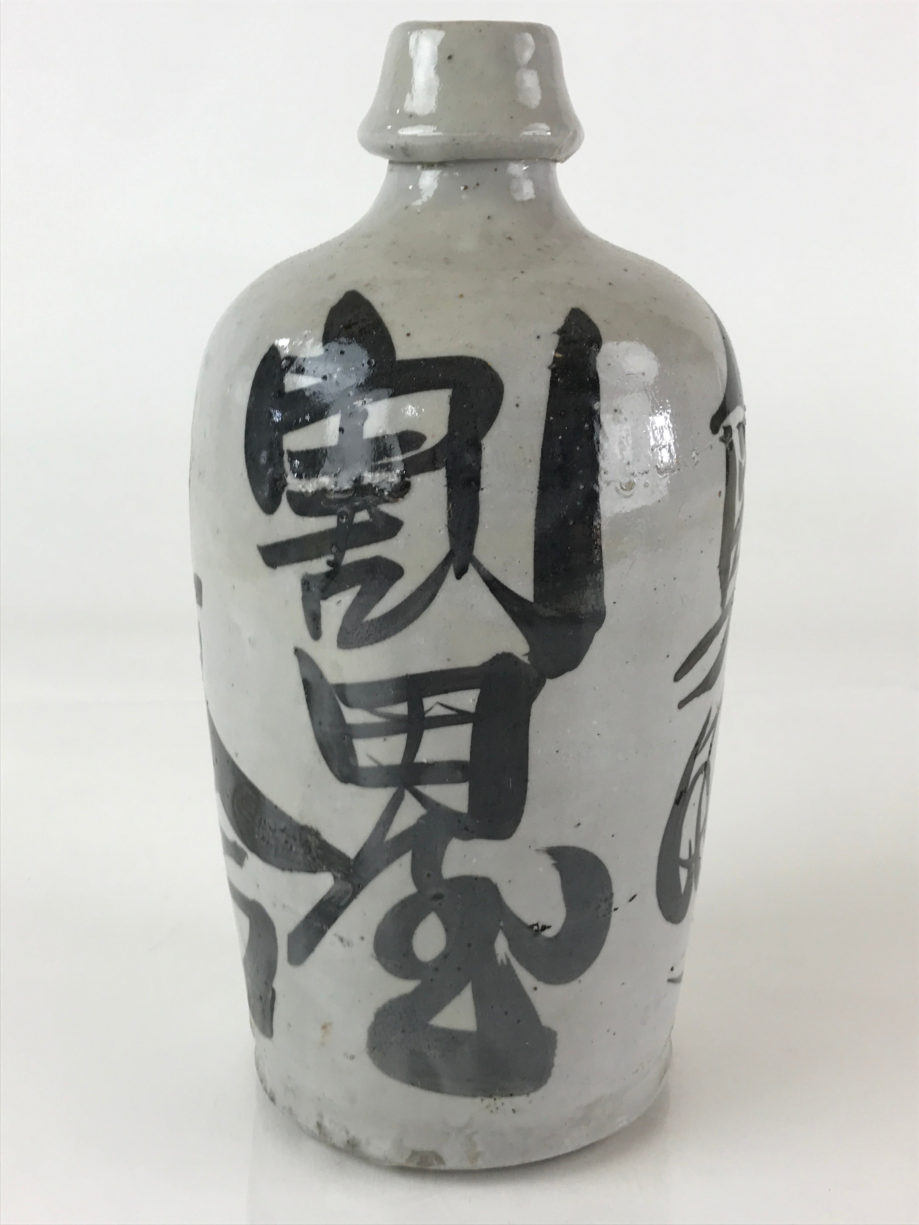 Japanese Ceramic Sake Bottle Tokkuri Vtg Pottery Gray Hand-Written Kanji TS484