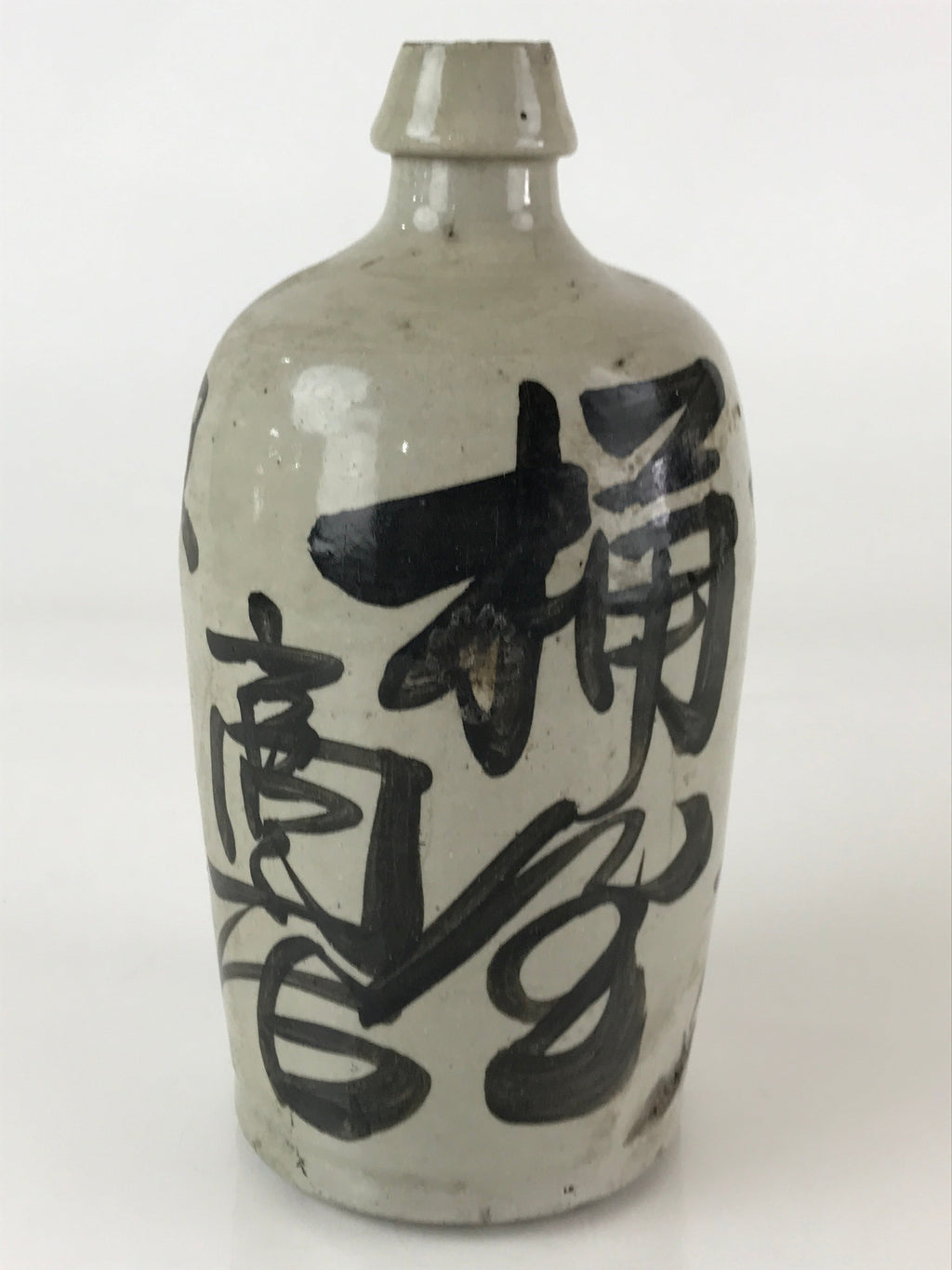 Japanese Ceramic Sake Bottle Tokkuri Vtg Pottery Gray Hand-Written Kanji TS485