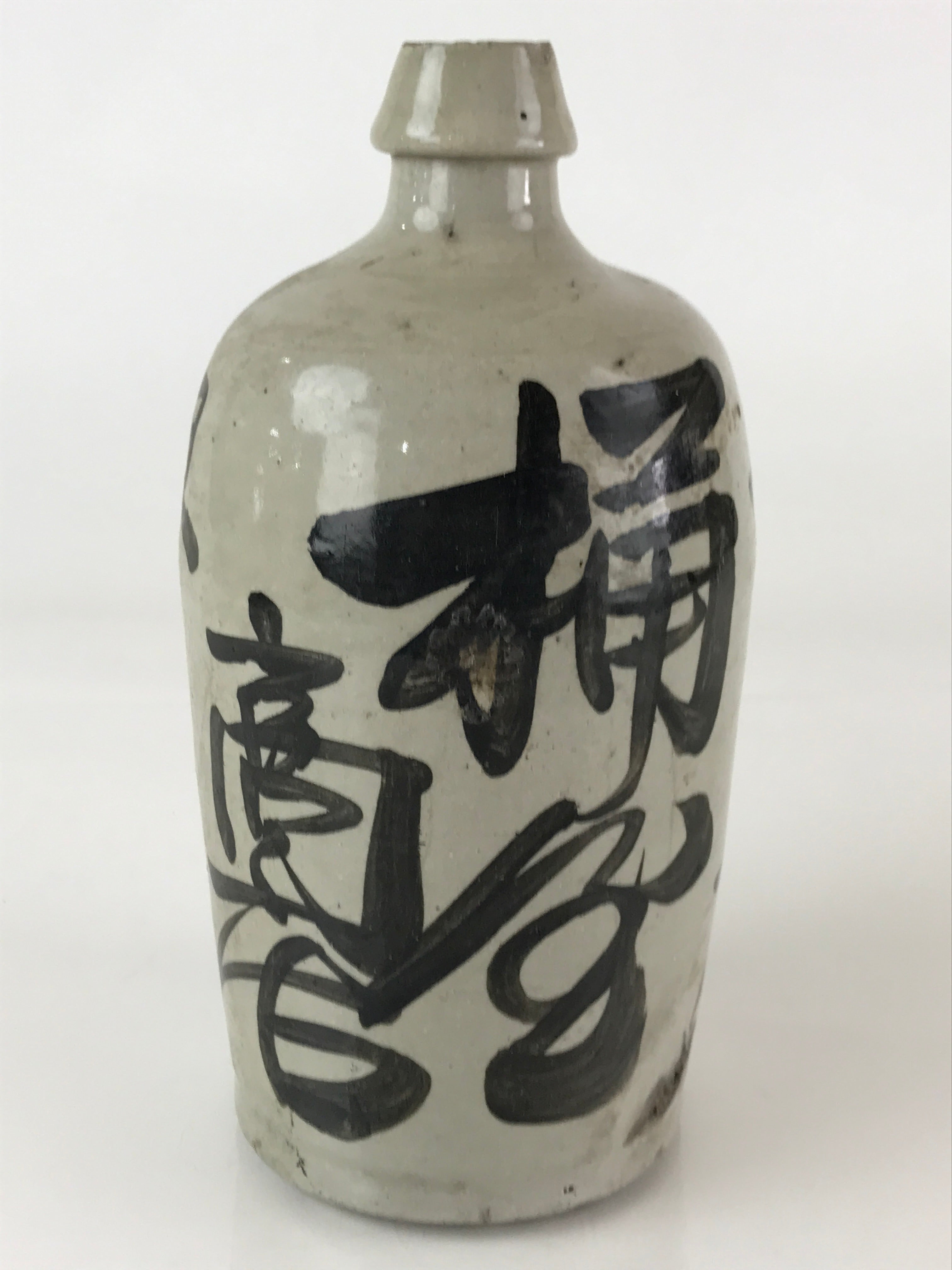 Japanese Ceramic Sake Bottle Tokkuri Vtg Pottery Gray Hand-Written Kanji TS485
