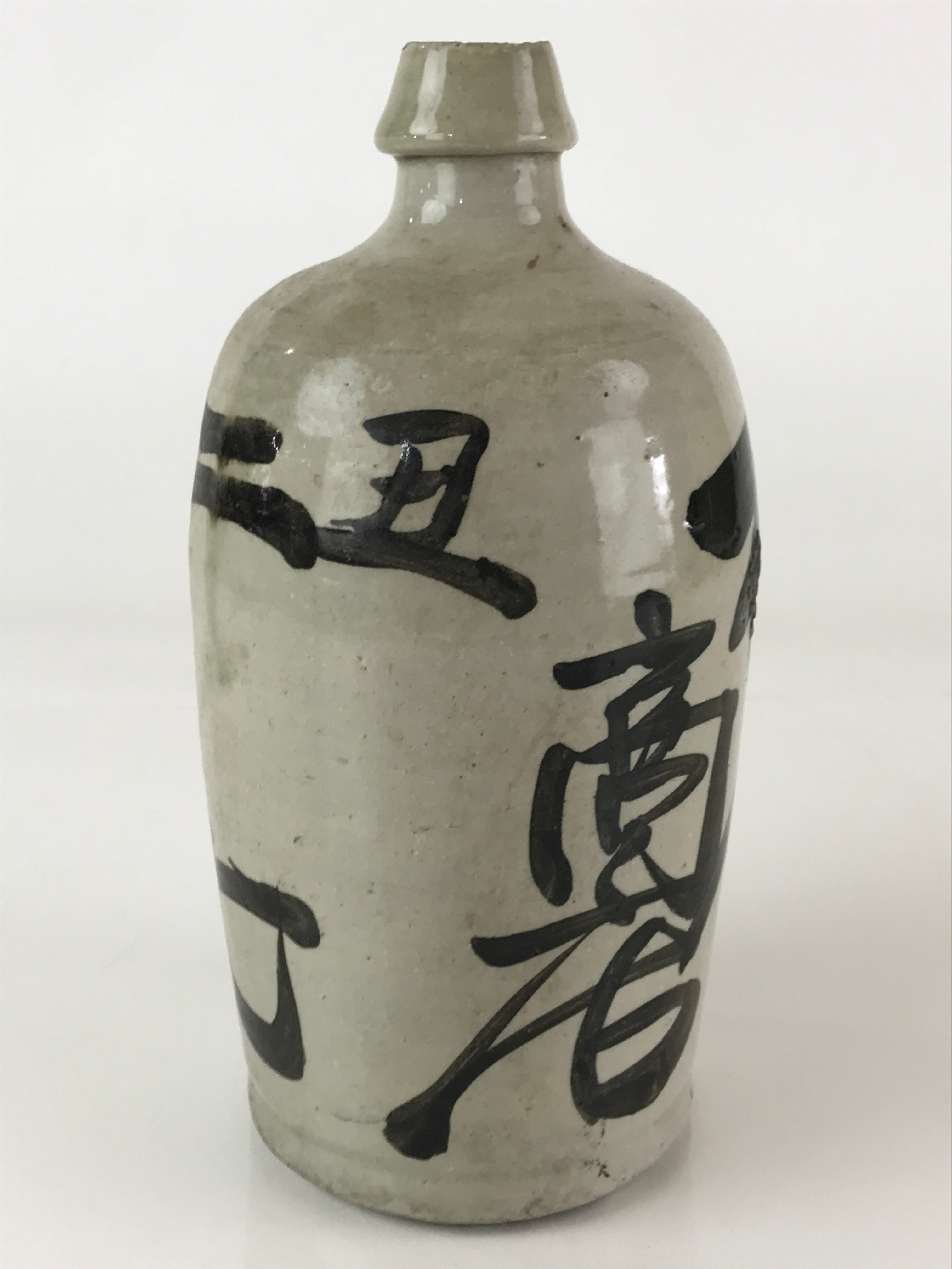 Japanese Ceramic Sake Bottle Tokkuri Vtg Pottery Gray Hand-Written Kanji TS485