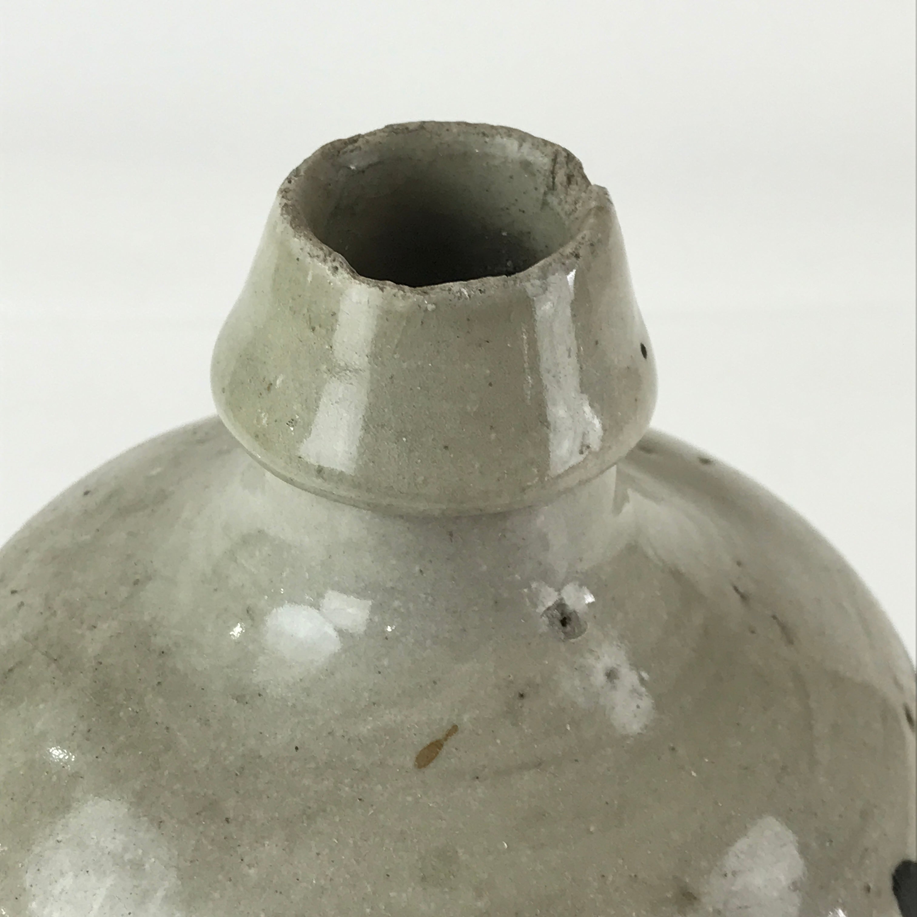 Japanese Ceramic Sake Bottle Tokkuri Vtg Pottery Gray Hand-Written Kanji TS485