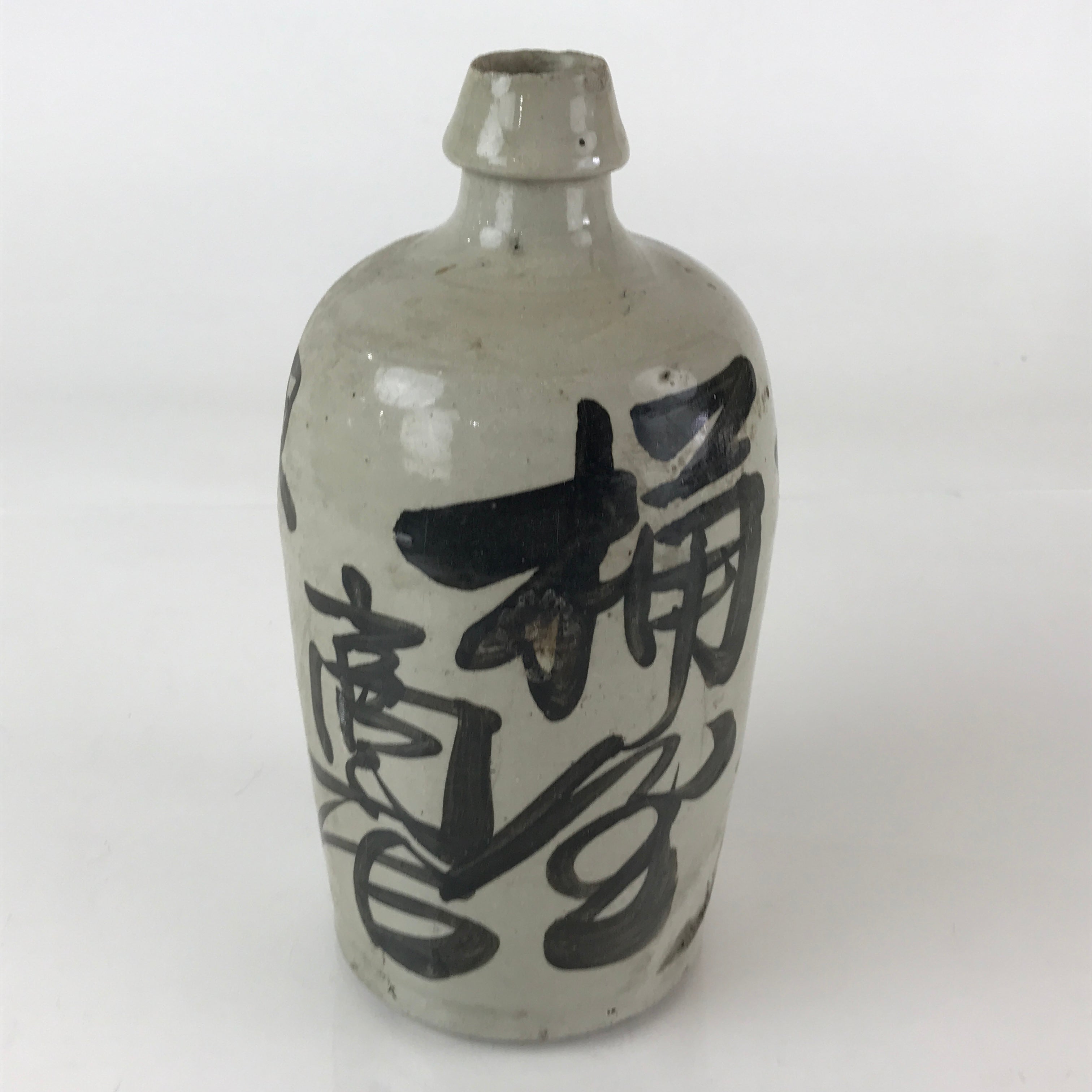 Japanese Ceramic Sake Bottle Tokkuri Vtg Pottery Gray Hand-Written Kanji TS485