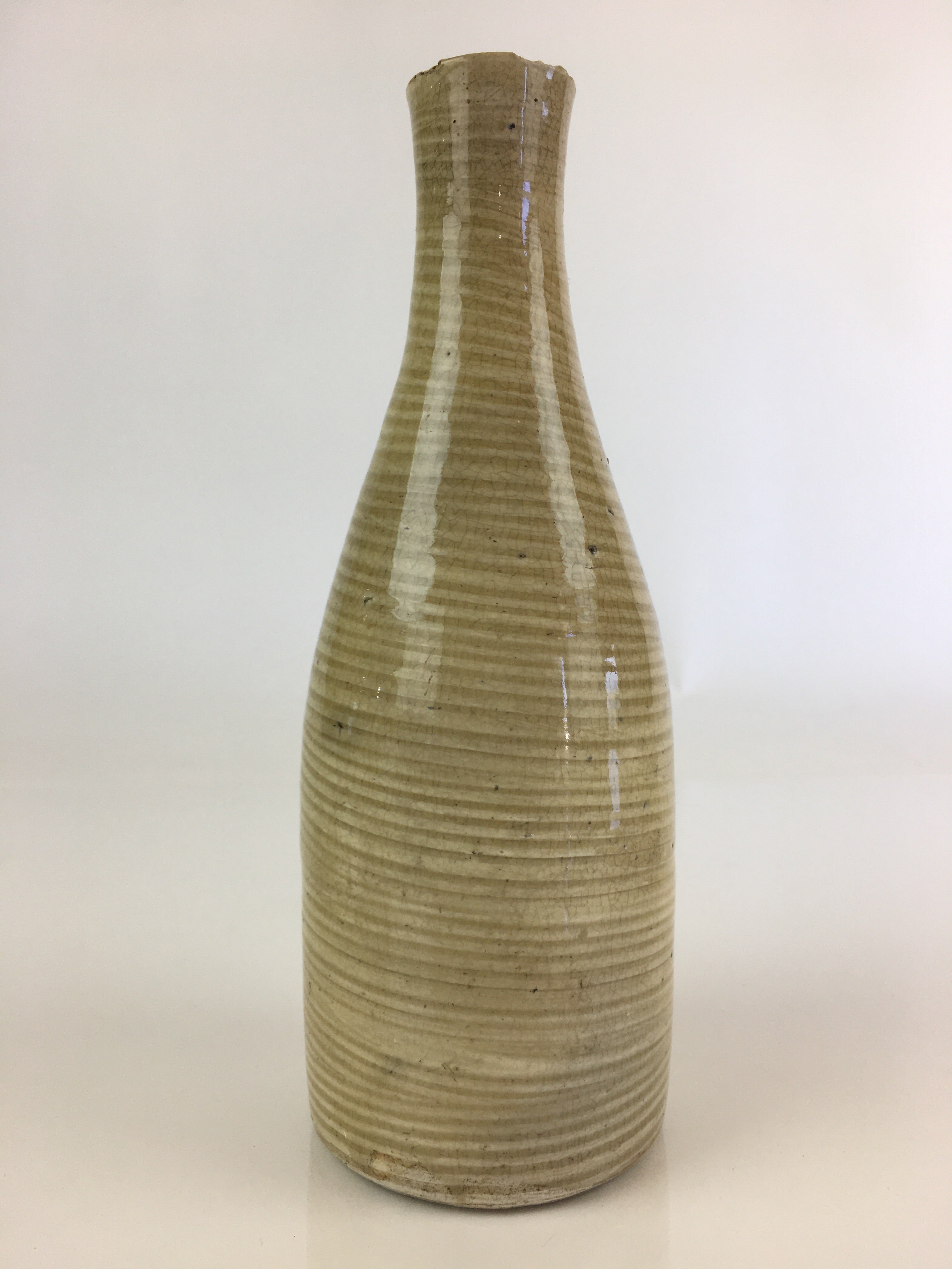 Japanese Ceramic Sake Bottle Vtg Beige Horizontal Stripes Tokkuri TS425