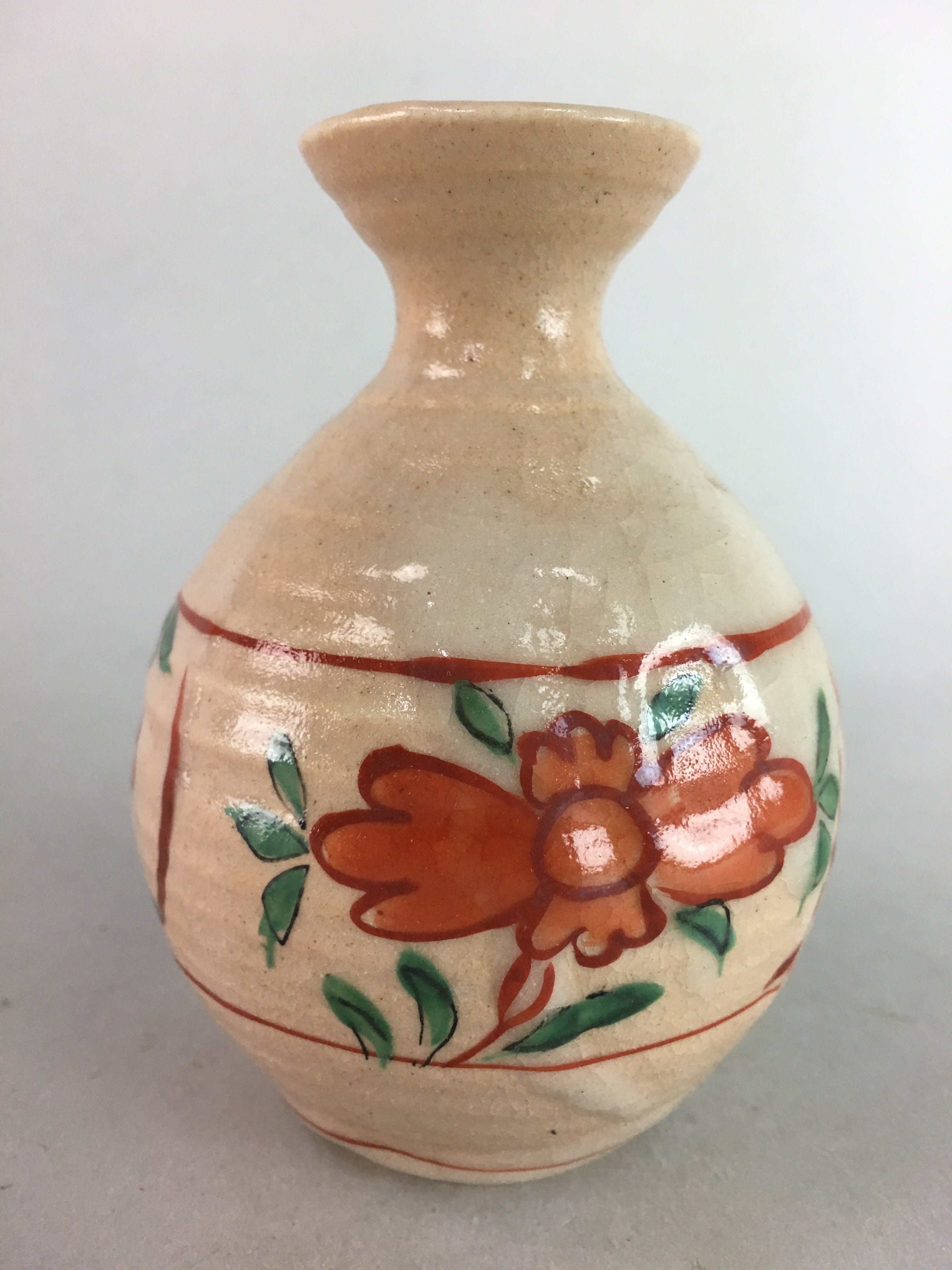 Japanese Ceramic Sake Bottle Vtg Floral Tokkuri Red Green Crackle Glaze TS163