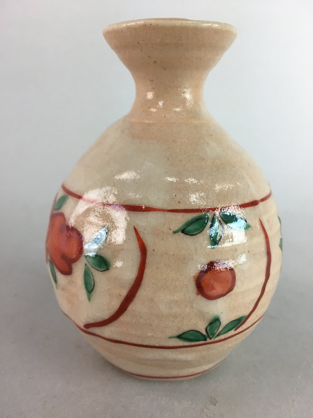 Japanese Ceramic Sake Bottle Vtg Floral Tokkuri Red Green Crackle Glaze TS163