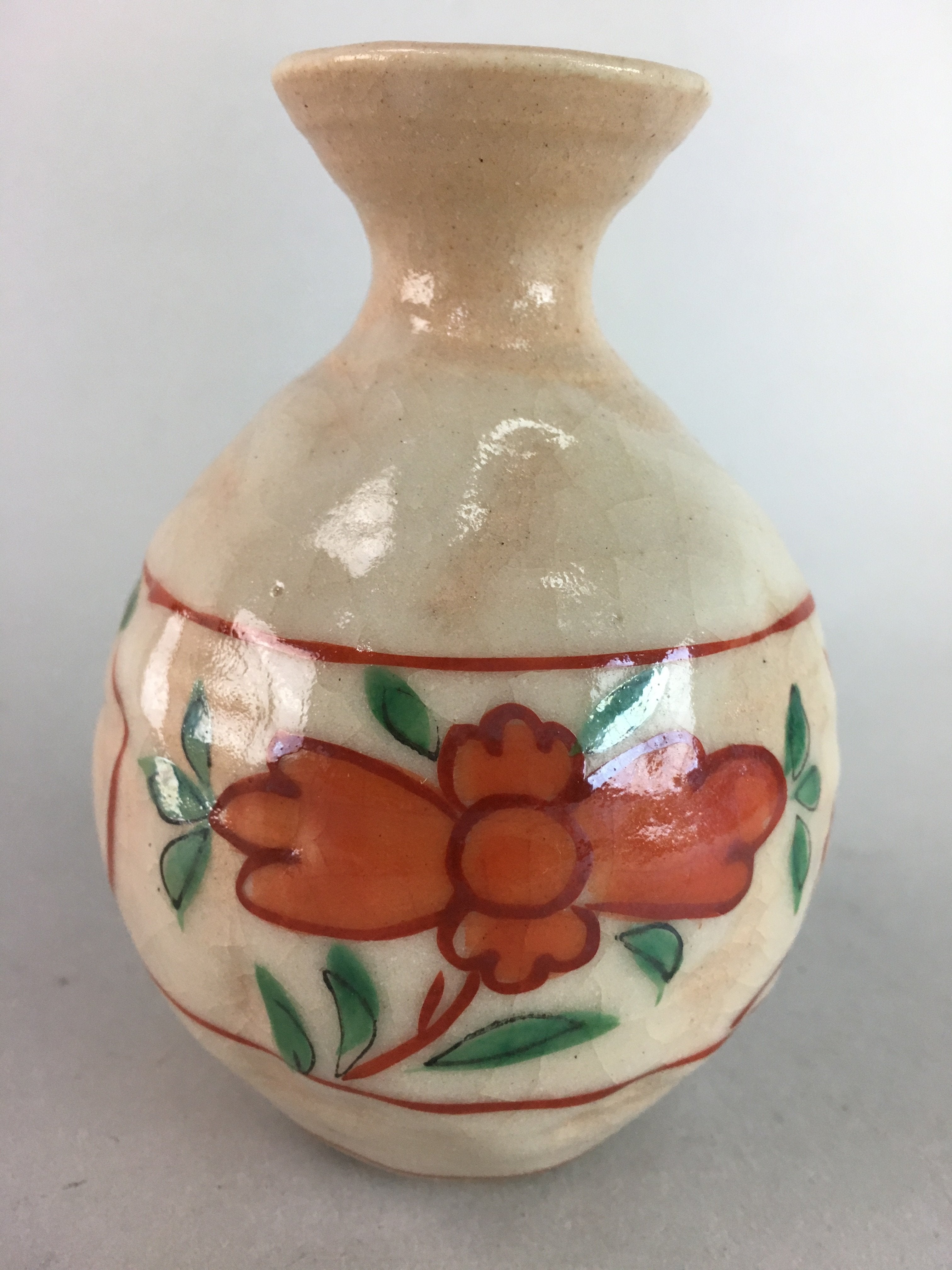 Japanese Ceramic Sake Bottle Vtg Floral Tokkuri Red Green Crackle Glaze TS163