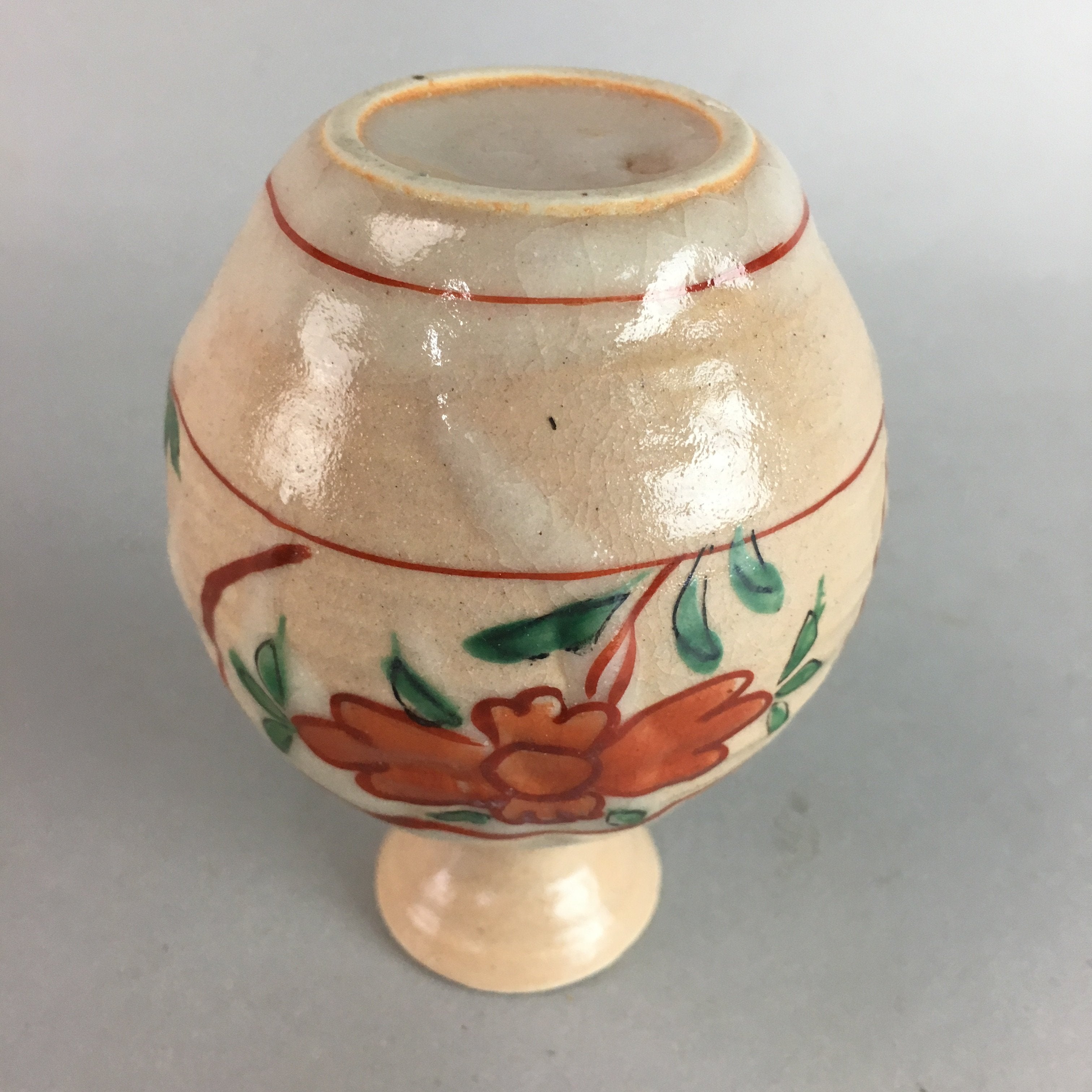 Japanese Ceramic Sake Bottle Vtg Floral Tokkuri Red Green Crackle Glaze TS163